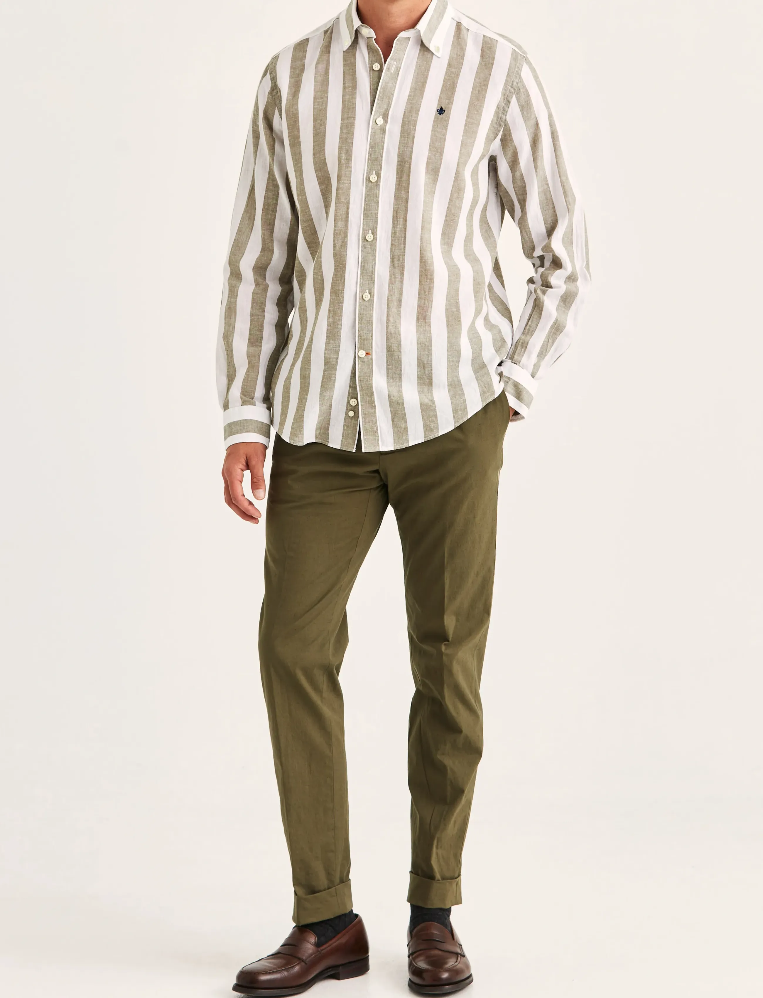 Morris - Douglas Linen Mix Stripe Shirt-Classic Fit - stribede skjorter - olive - 3