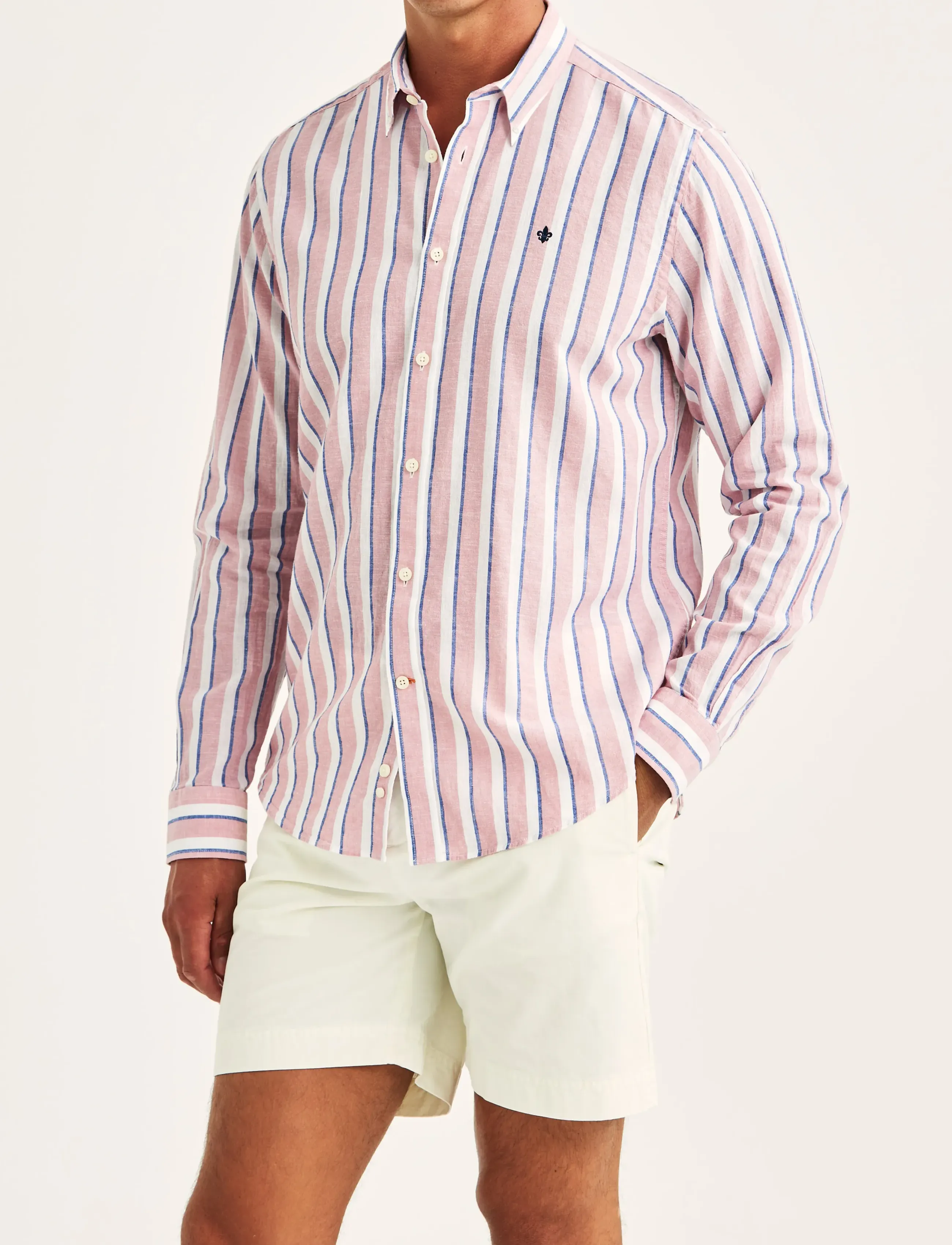 Morris Douglas Linen Mix Stripe Shirt-Classic Fit, L, Pink, Skjorter > Afslappet Shirts, Herre