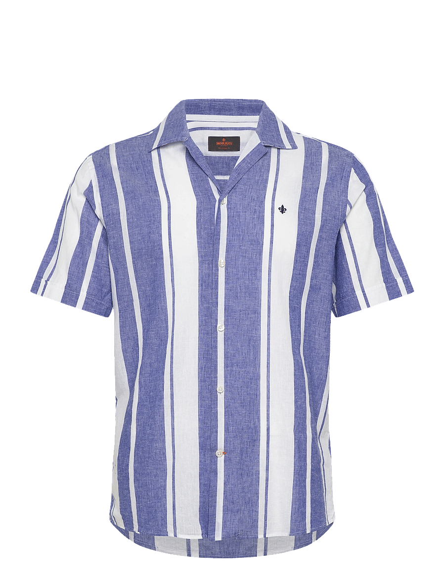 Morris - Resort Linen SS Shirt-Classic Fit - randiga skjortor - blue - 1