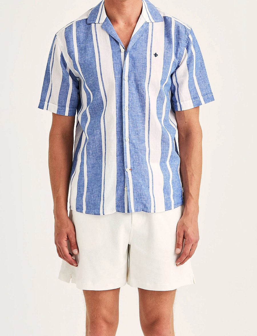Morris - Resort Linen SS Shirt-Classic Fit - randiga skjortor - blue - 0