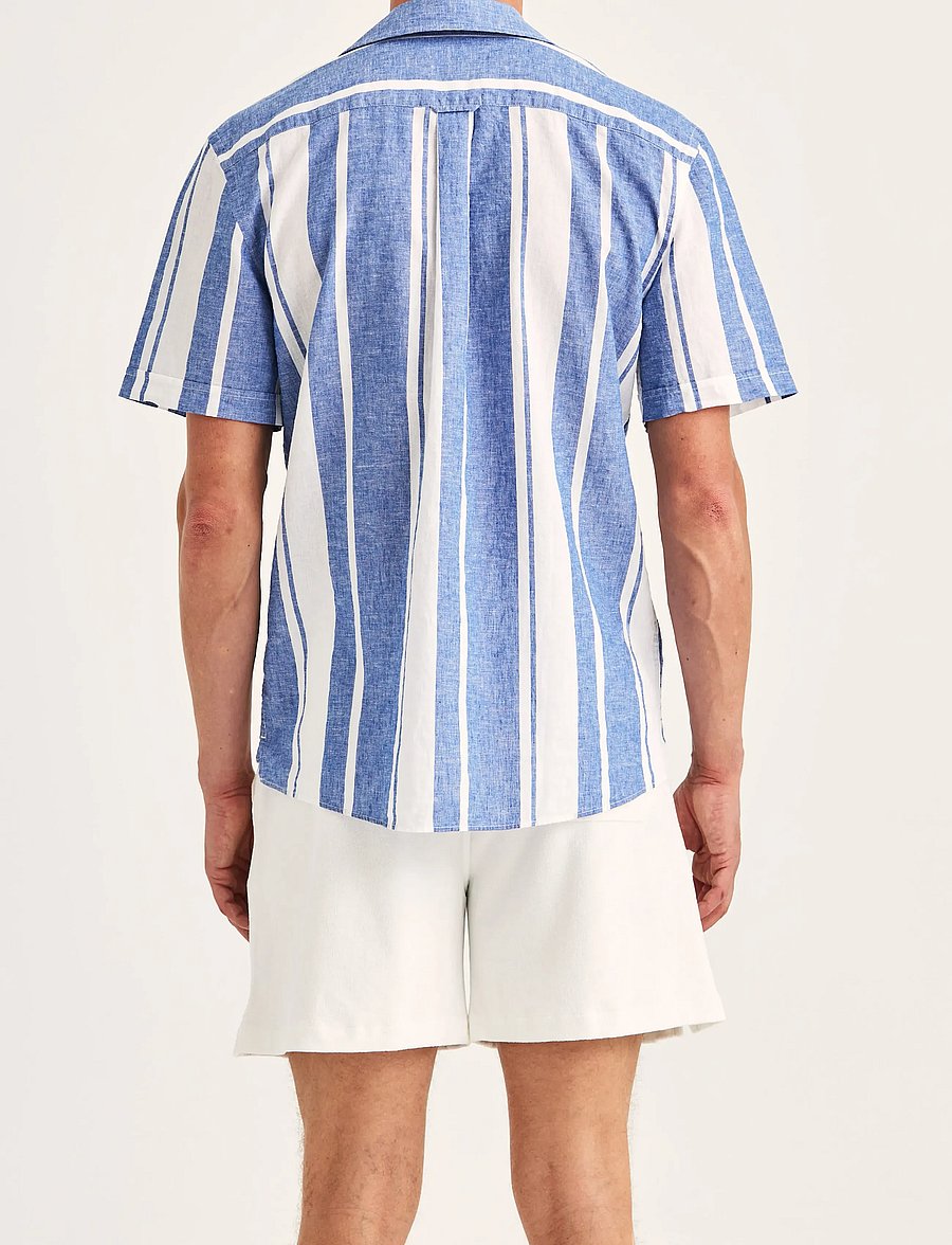 Morris - Resort Linen SS Shirt-Classic Fit - randiga skjortor - blue - 4