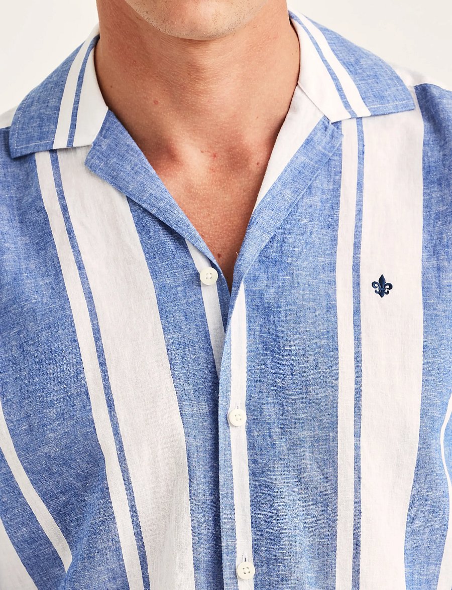 Morris - Resort Linen SS Shirt-Classic Fit - randiga skjortor - blue - 5