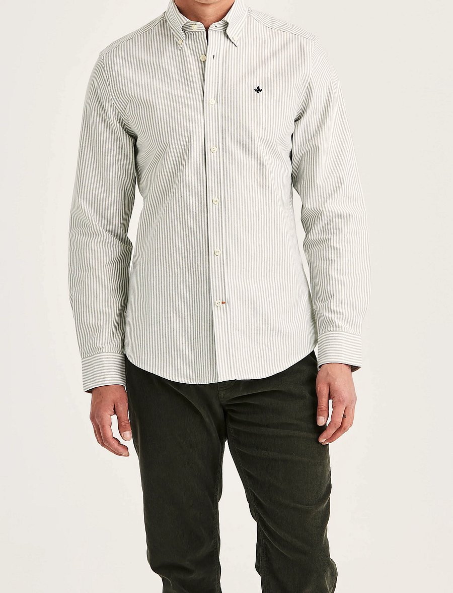 Morris - Douglas Oxford Stripe Shirt-Slim Fit - randiga skjortor - olive - 2