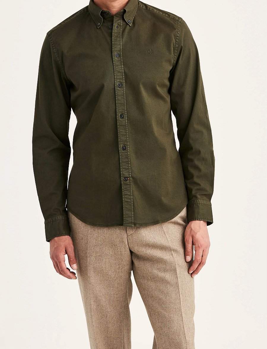 Morris - Washed Twill Stretch Shirt-Slim Fit - freizeithemden - olive - 0
