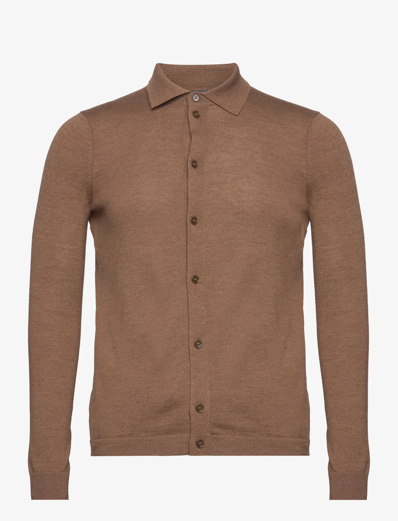 Morris - Merino Knitted Shirt - stickade pikéer - camel - 0