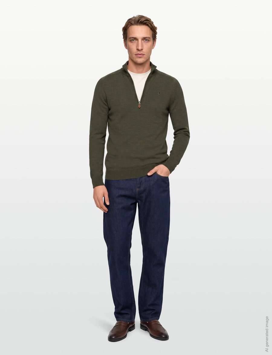 Morris - Merino John Zip - pullover mit halbem reißverschluss - olive - 0