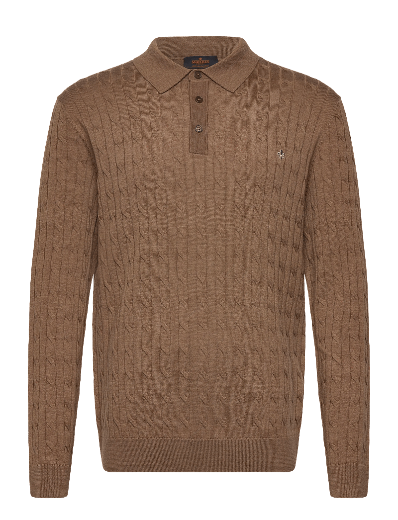 Morris - Merino Cable Polo Knit - langärmelige gestrickte polohemden - camel - 1