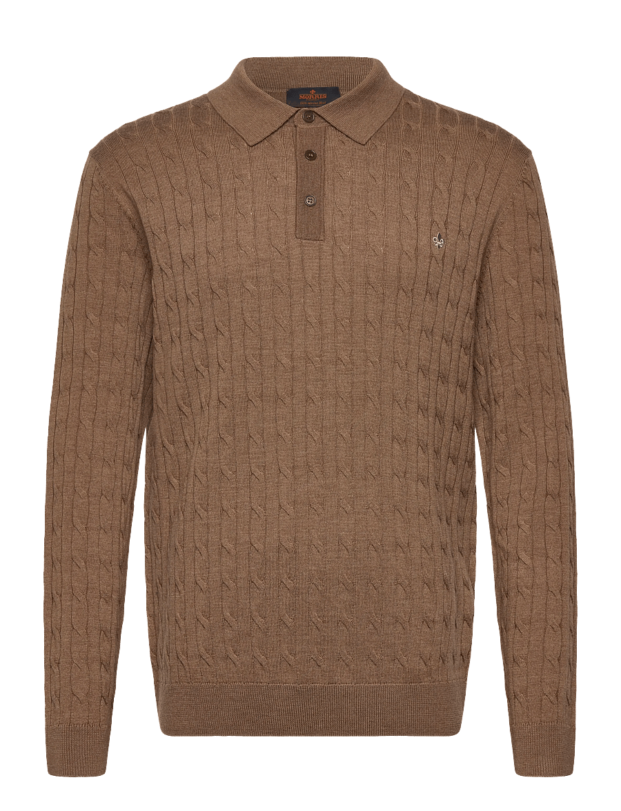 Morris - Merino Cable Polo Knit - poloer i strik med lange ærmer - camel - 1