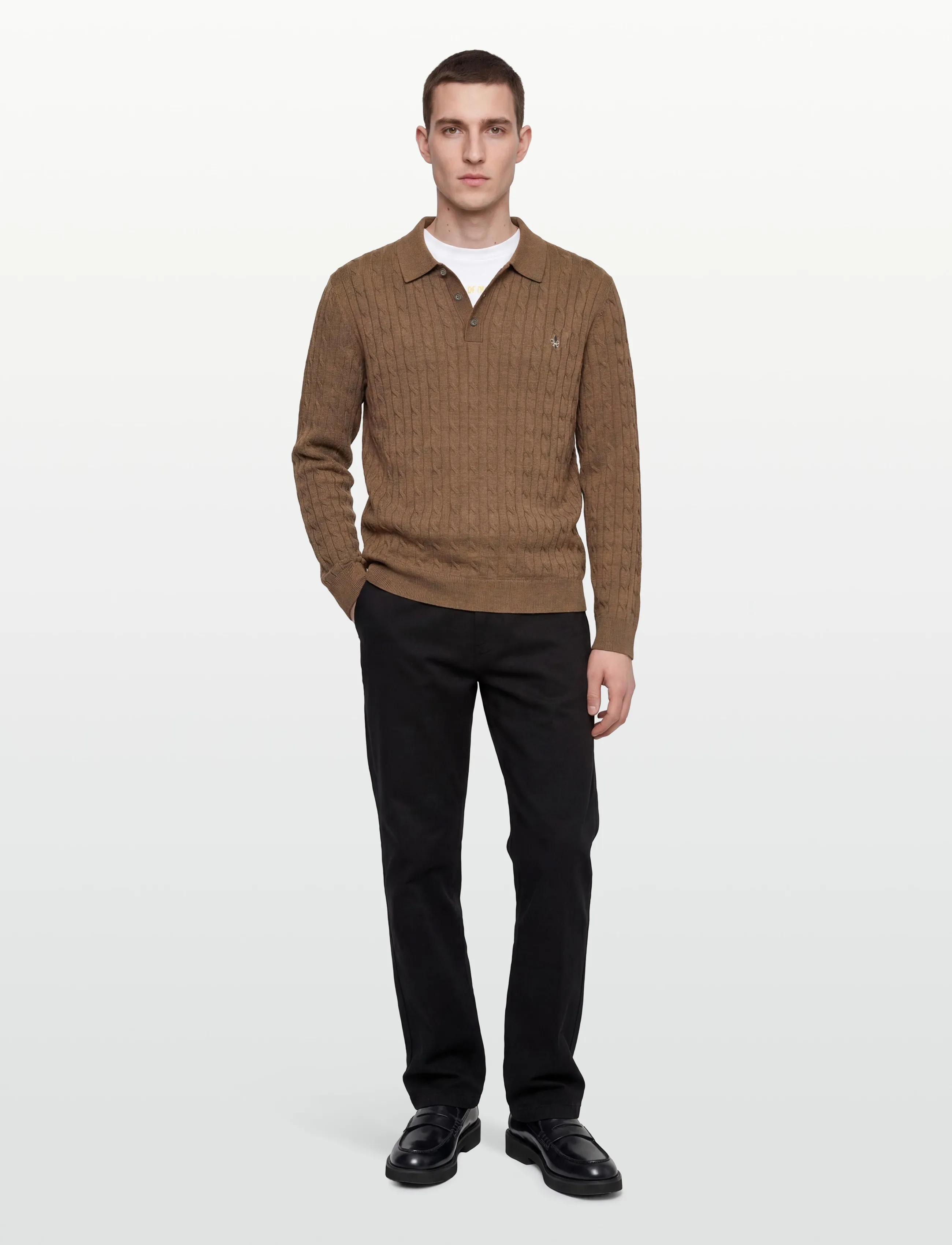 Morris Merino Cable Polo Knit - Nach Stil kaufen - CAMEL / brown