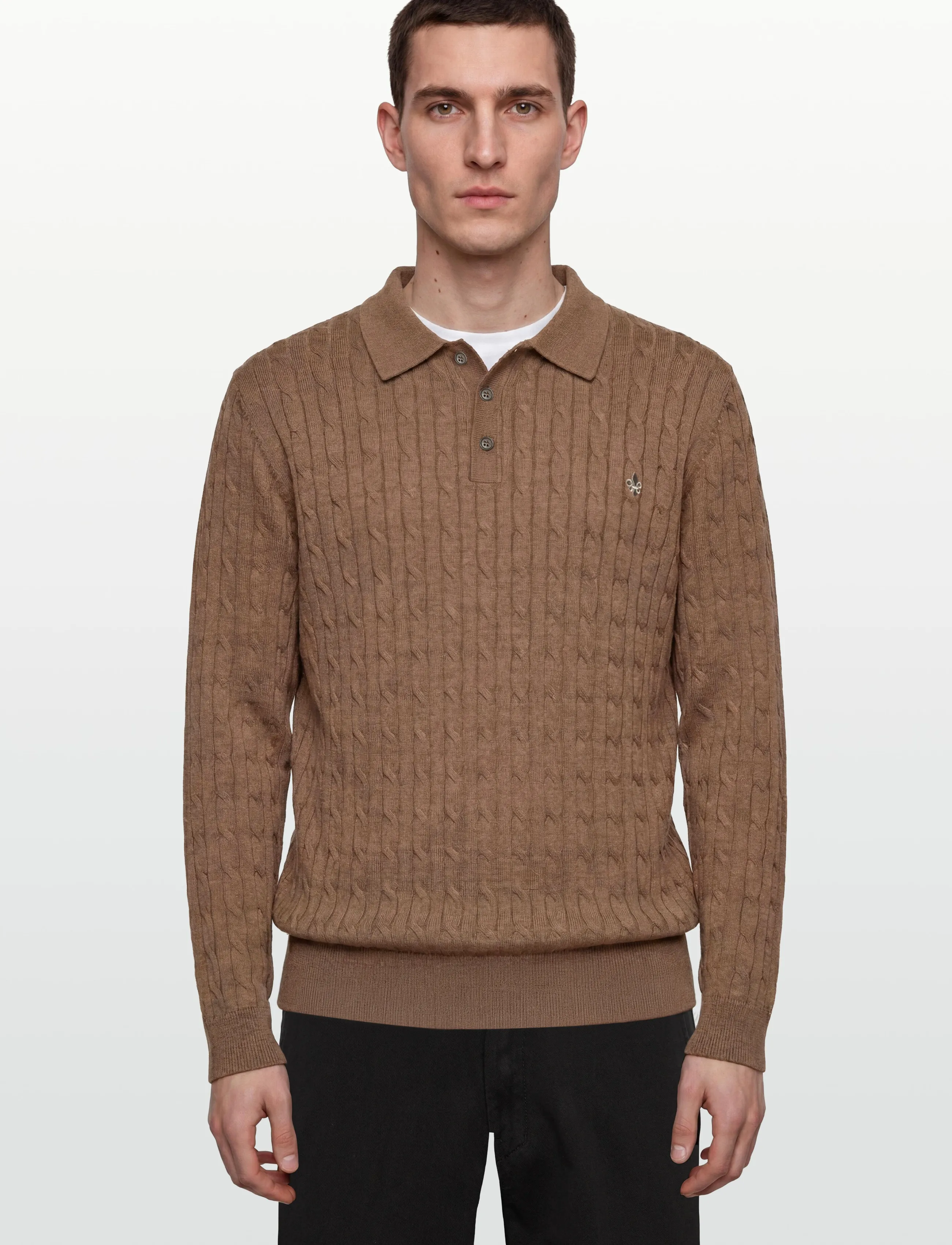 Morris - Merino Cable Polo Knit - poloer i strik med lange ærmer - camel - 3