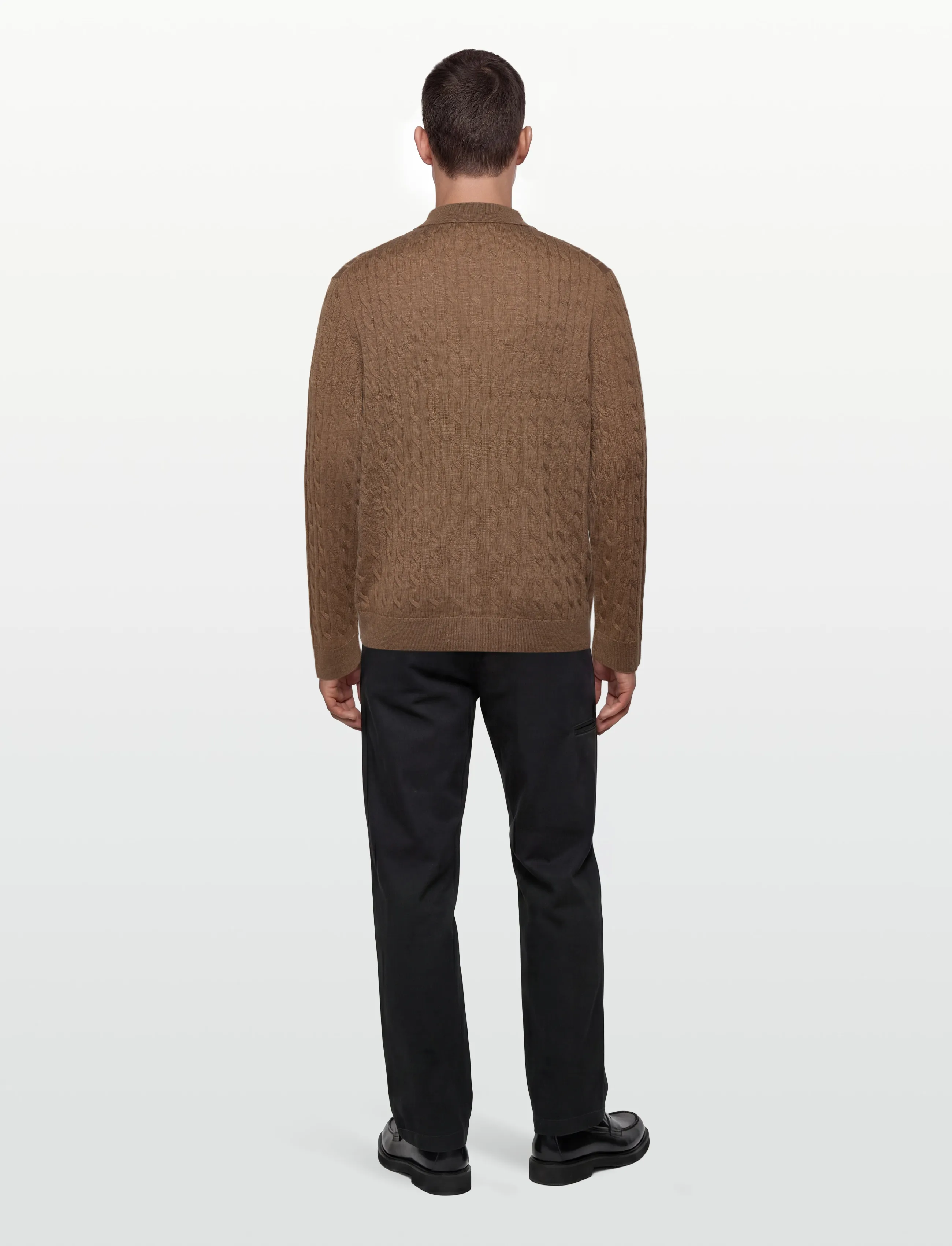 Morris - Merino Cable Polo Knit - poloer i strik med lange ærmer - camel - 4