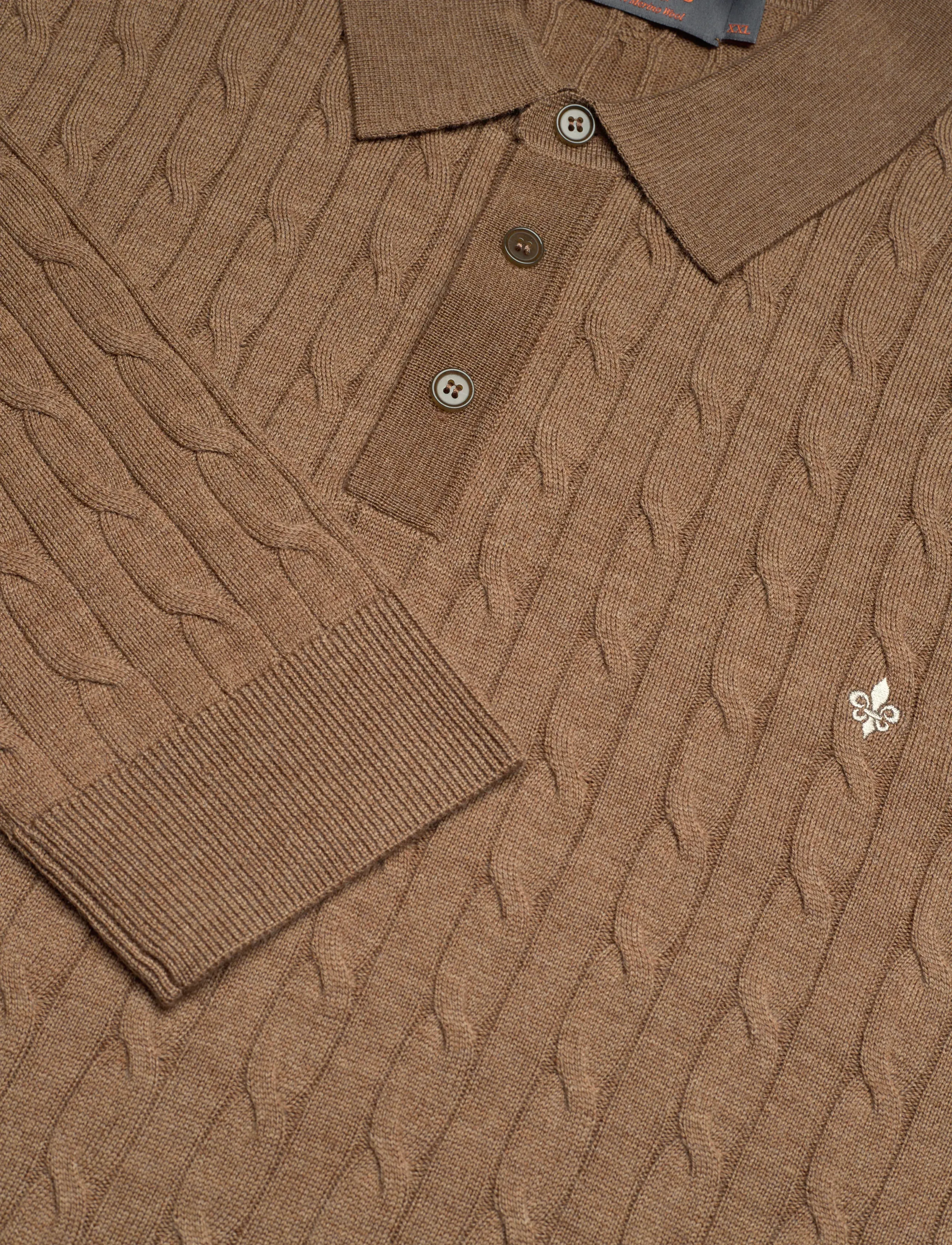 Morris - Merino Cable Polo Knit - poloer i strik med lange ærmer - camel - 5