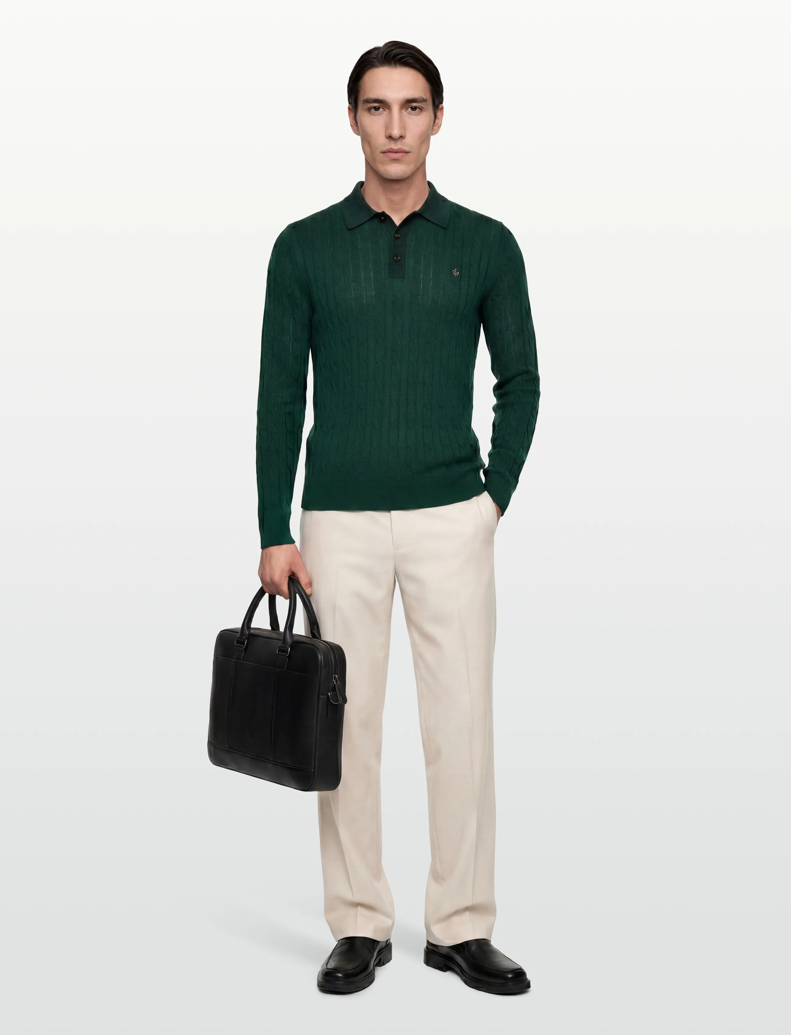 Morris - Merino Cable Polo Knit - gestrickte polohemden - green - 0