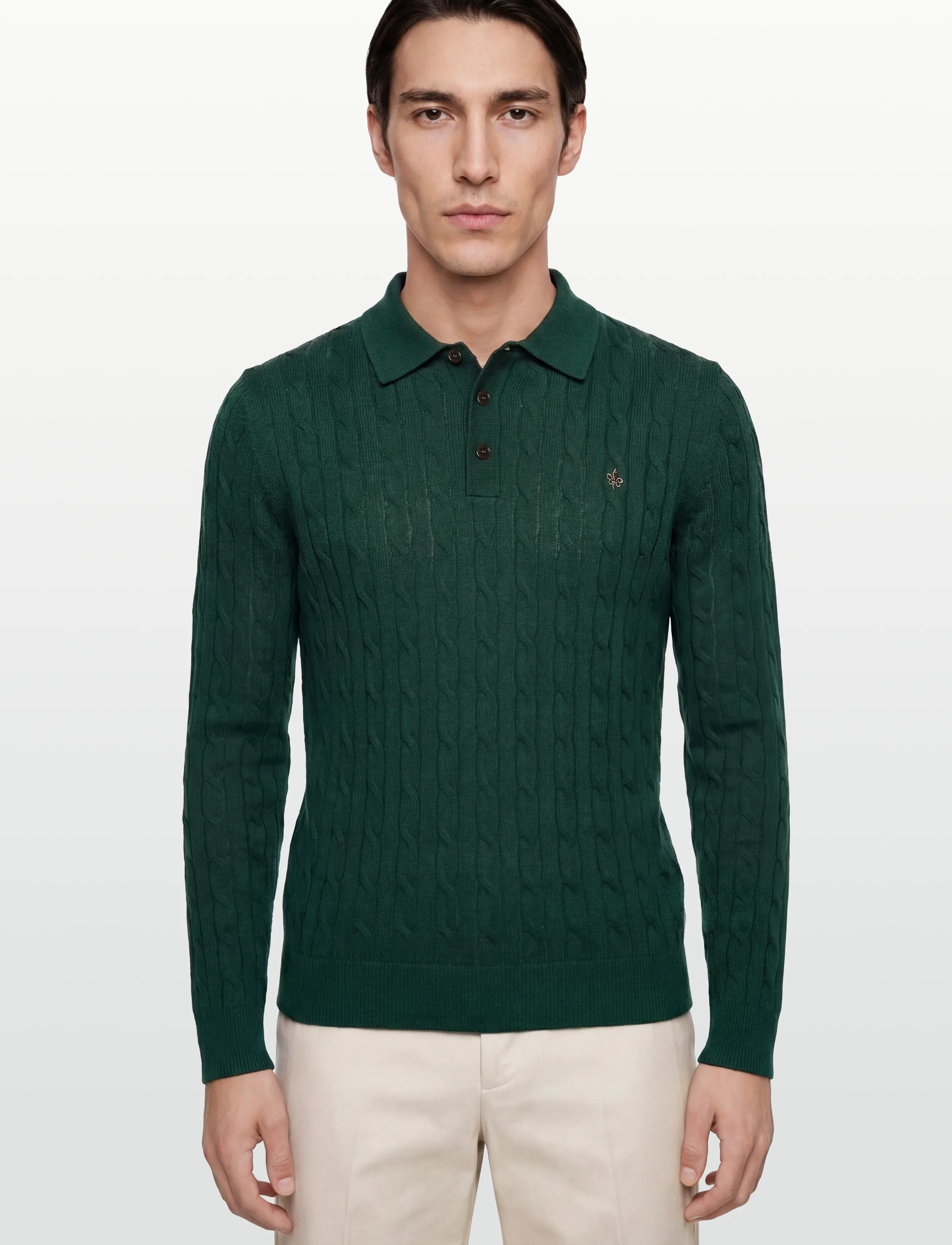Morris - Merino Cable Polo Knit - gestrickte polohemden - green - 3