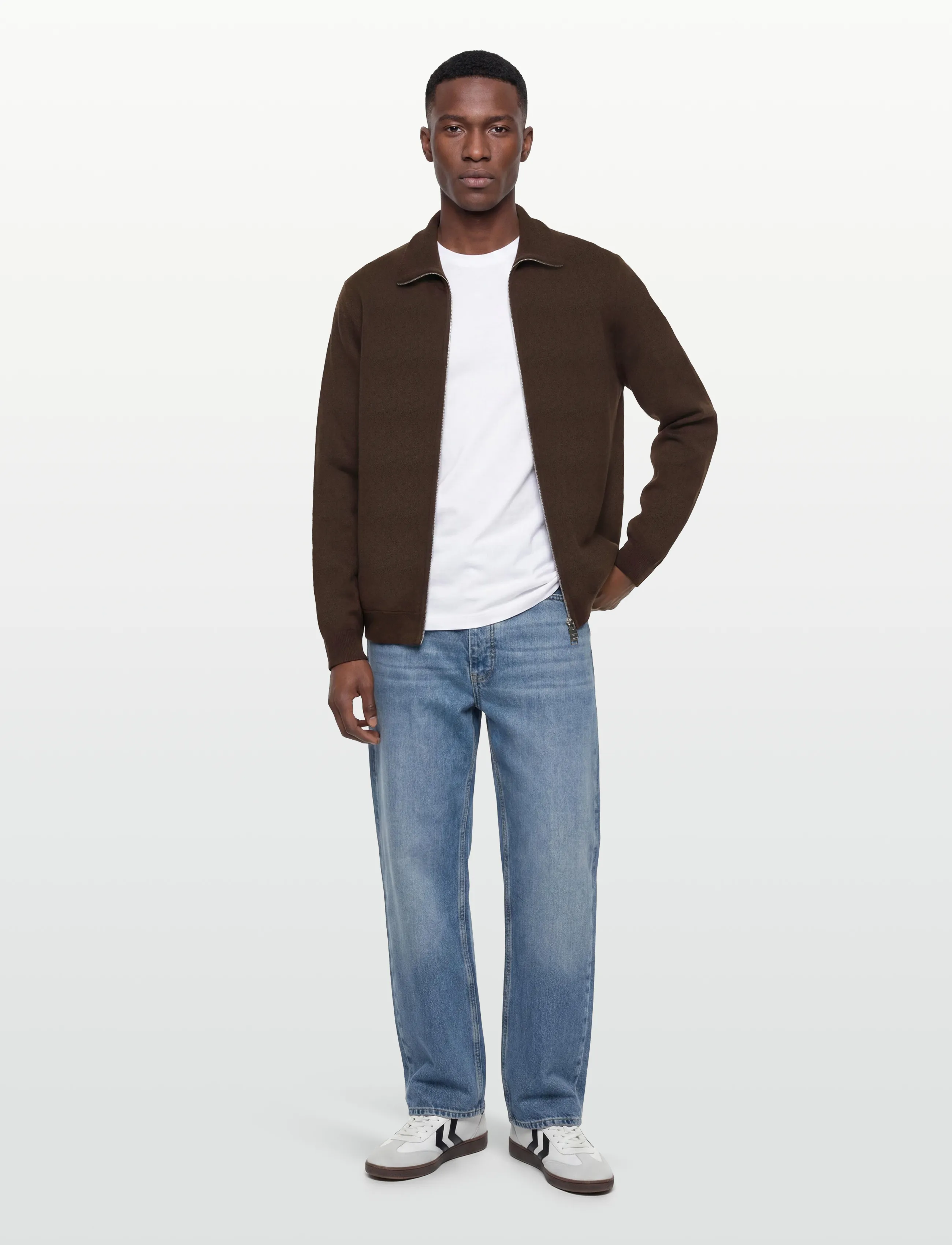 Morris York Knitted Zip Jacket, Mænd, Strikket Lynlåsjakke, Brun, Str: XXL