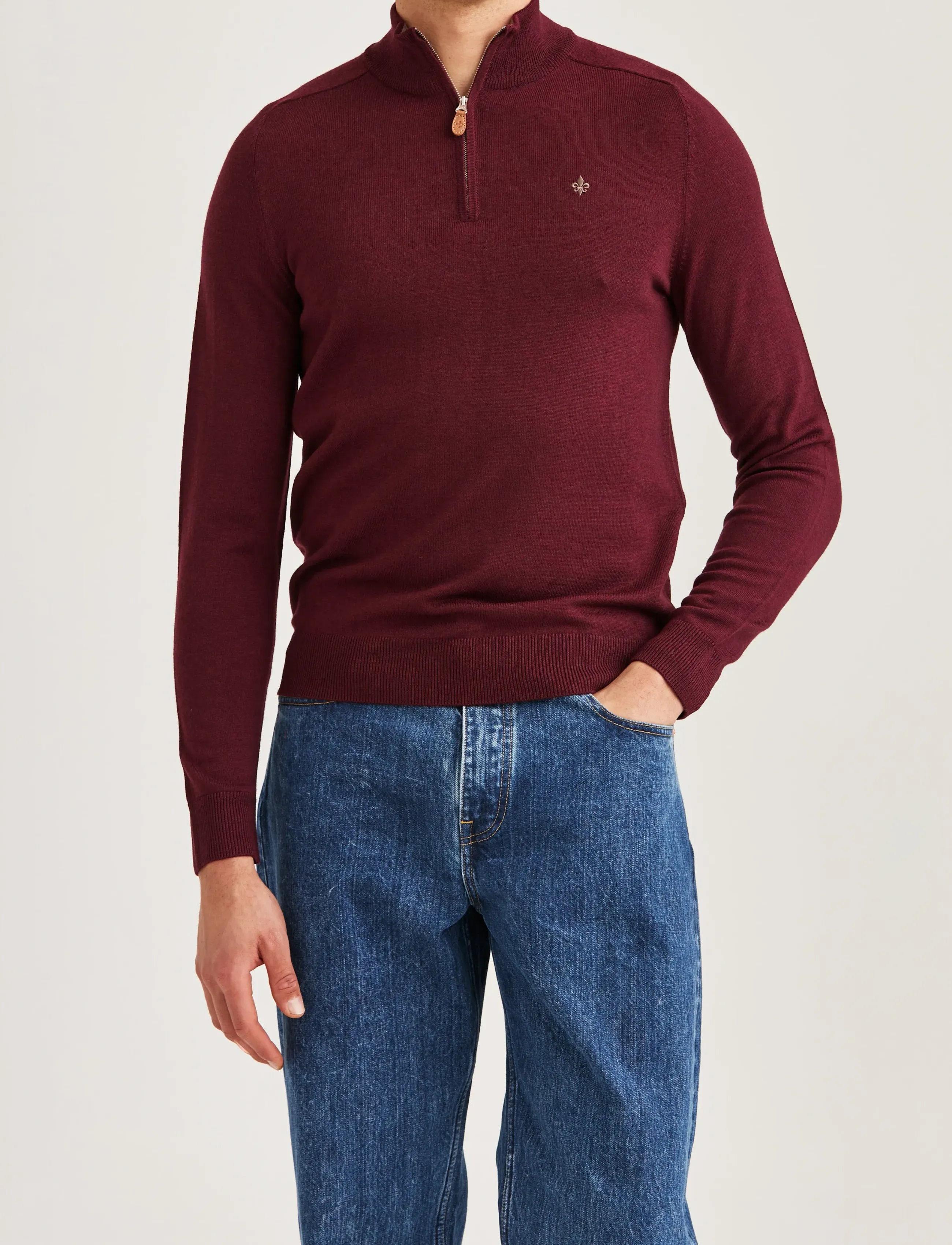 Morris Merino John Zip, Mænd, Merino Quarter Zip Sweater, Bordeaux, Str: S