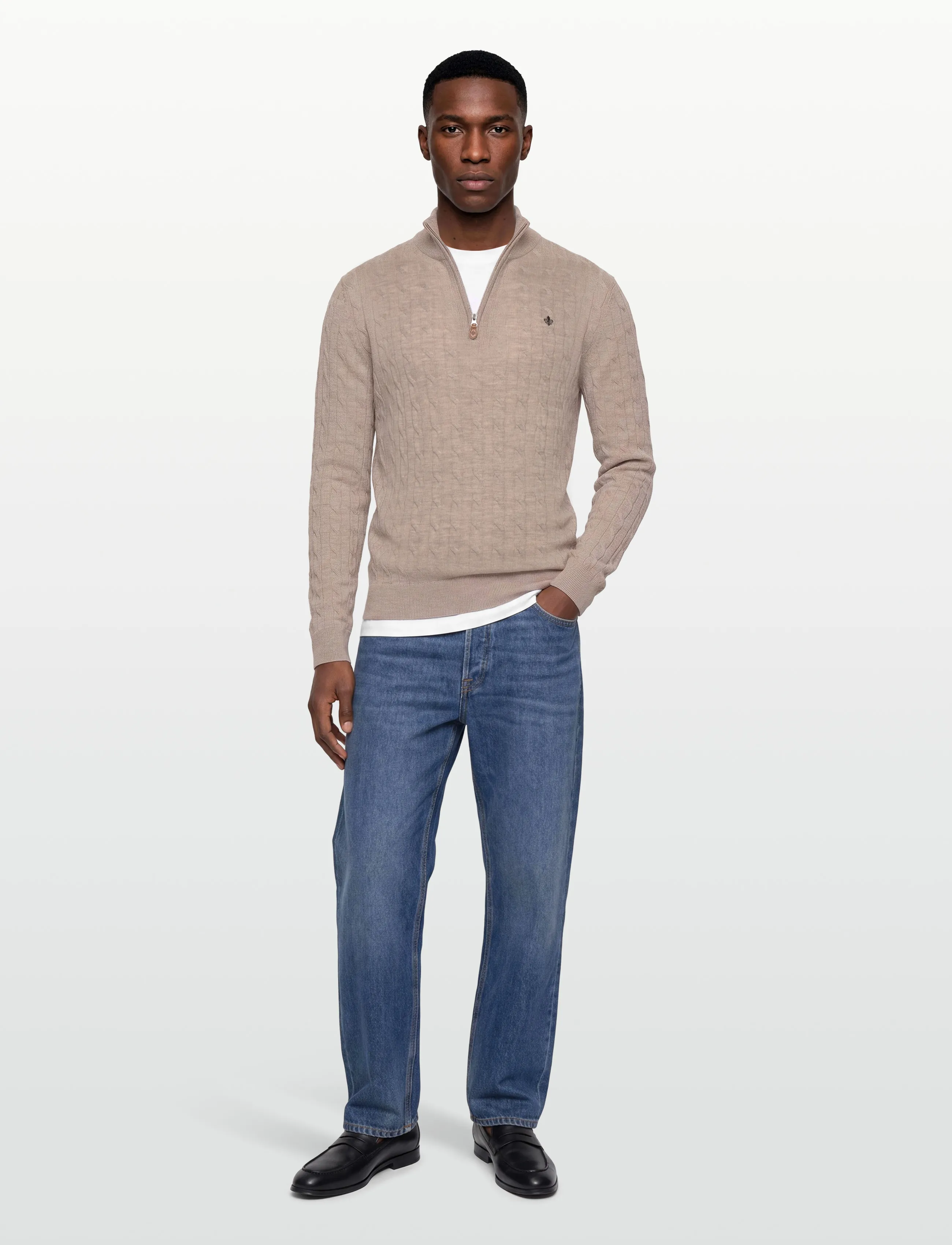 Morris Merino Cable John Zip, Mænd, Kabelstrikket Quarter Zip Sweater, Beige, Str: XXL