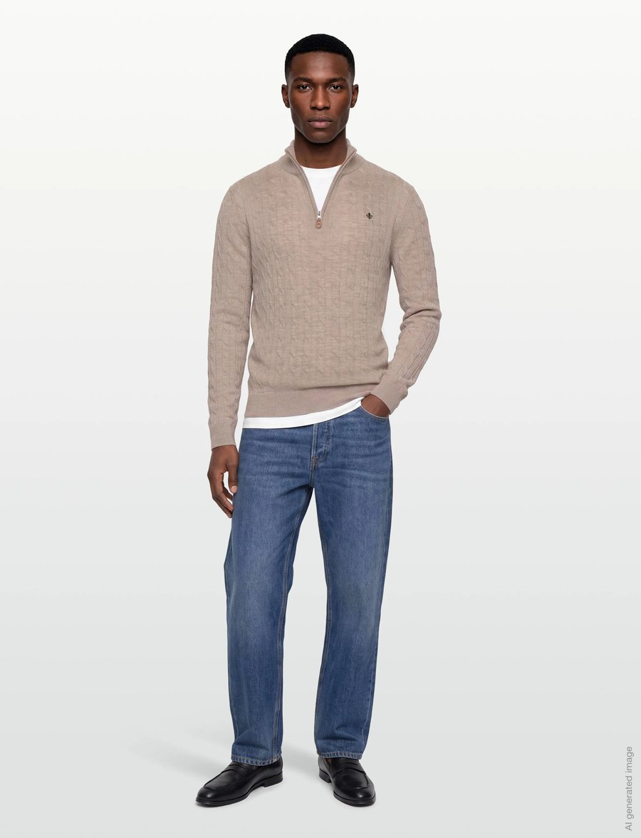 Morris - Merino Cable John Zip - pullover mit halbem reißverschluss - khaki - 0