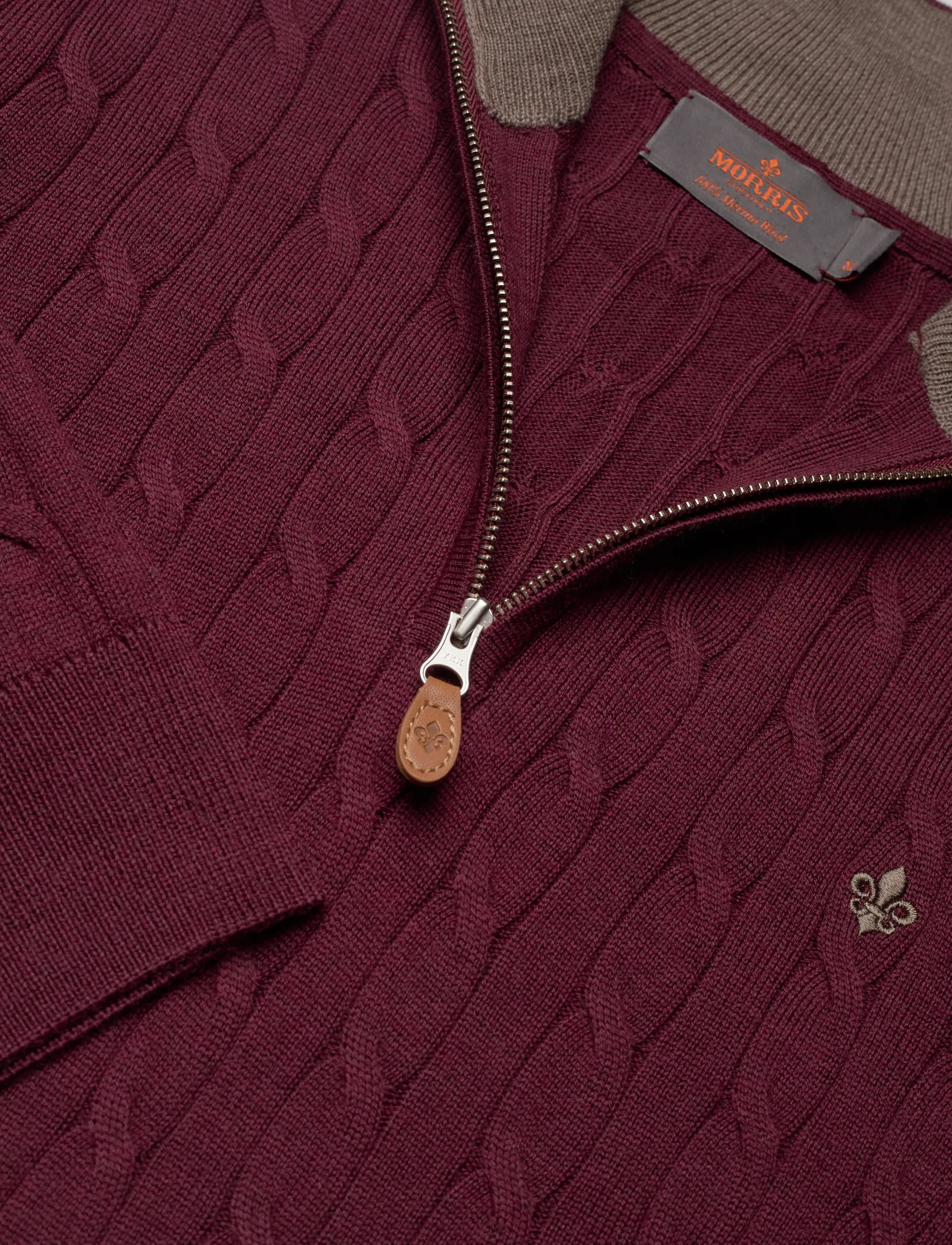 Morris - Merino Cable John Zip - mænd - wine red - 2