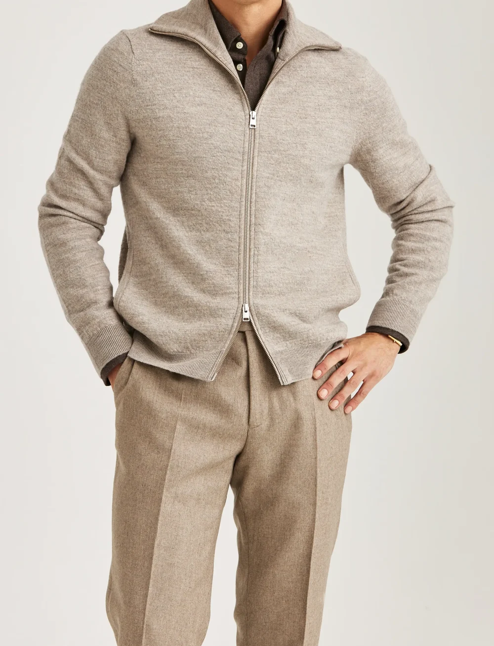 Morris - Cork Knitted Zip Jacket - cardigans - khaki - 0