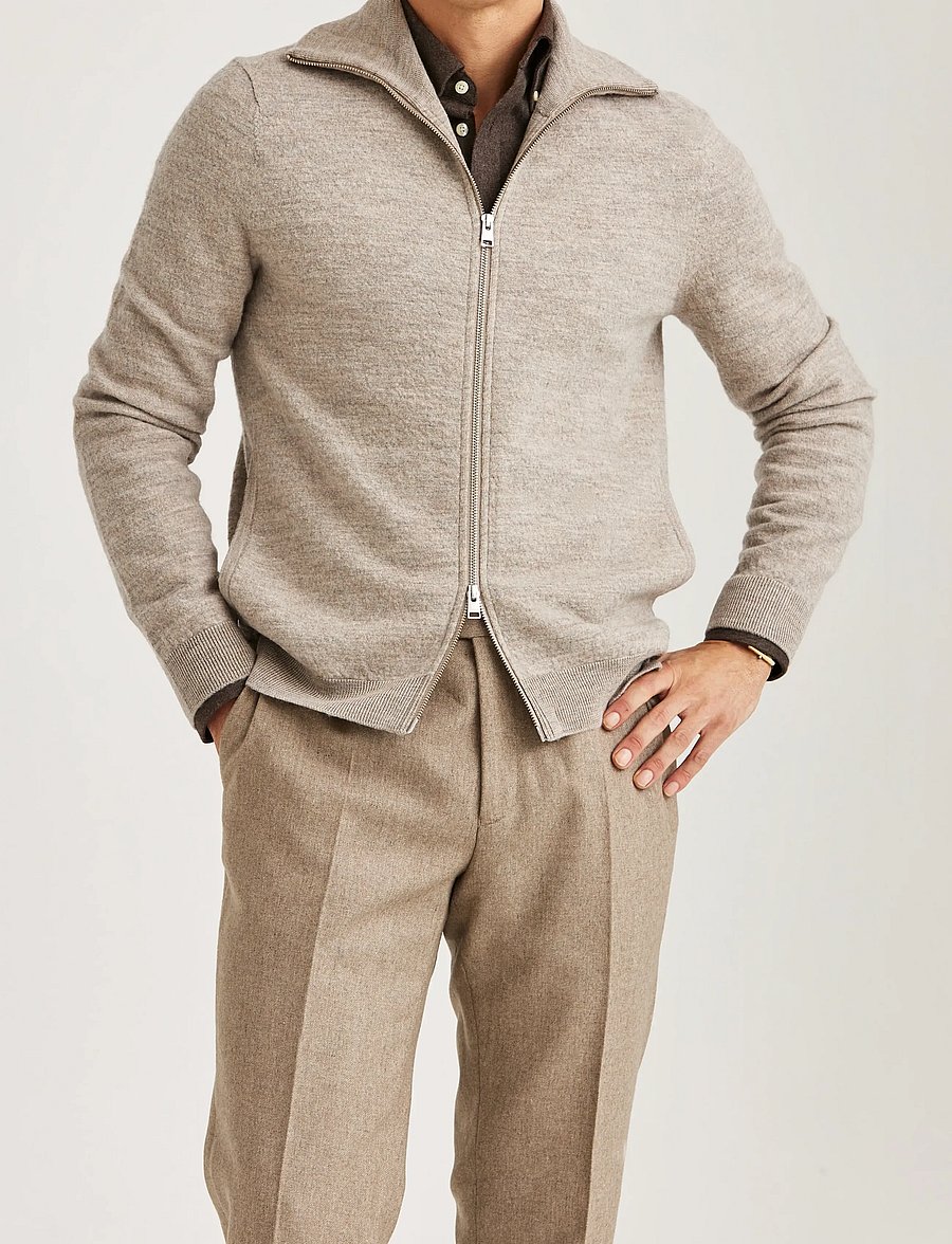Morris - Cork Knitted Zip Jacket - cardigan - khaki - 0