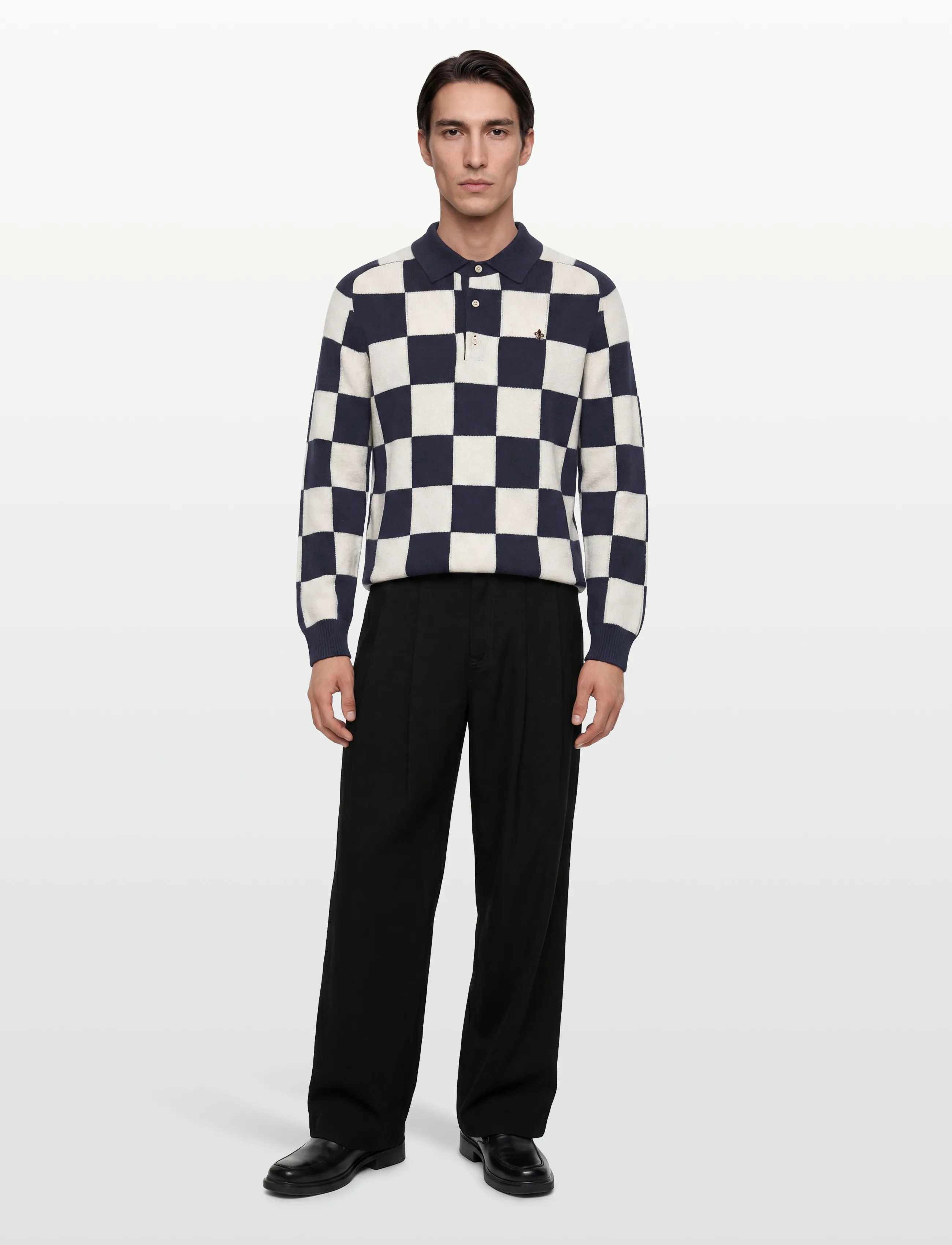 Morris Graham Knitted Rugger, Mænd, Argyle Strikket Poloshirt, Navy, Str: M