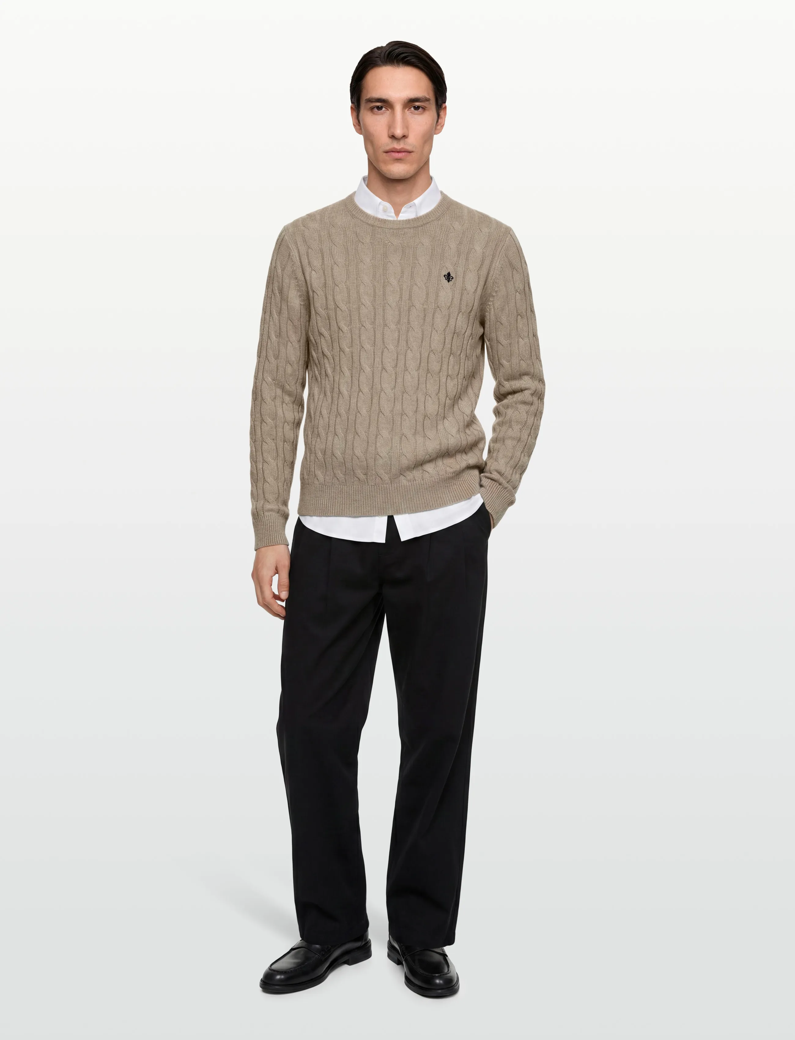 Morris Nathan Cable Oneck, XL, Knitwear, Khakigrün - Round Necks, Männerswear