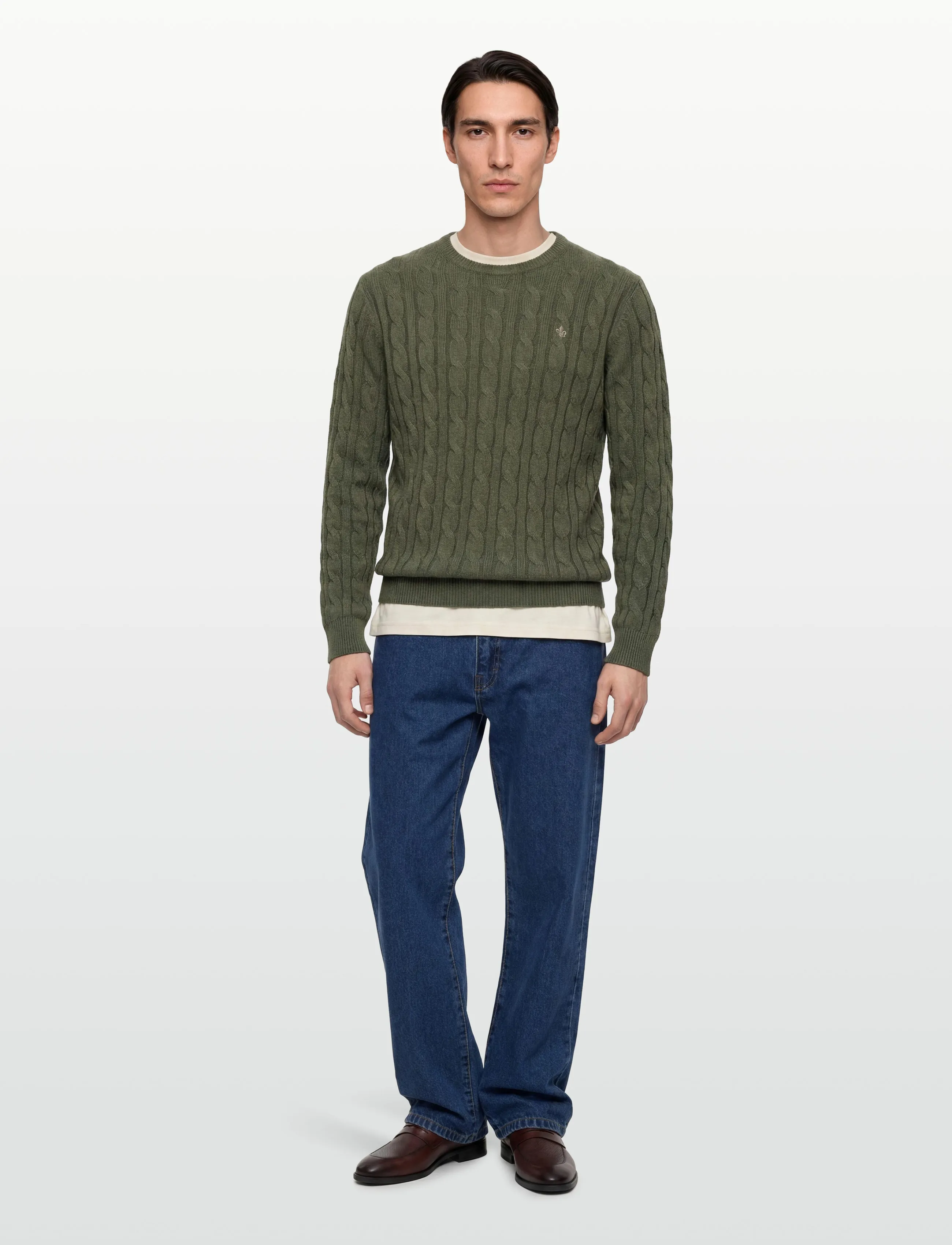 Morris Nathan Cable Oneck, S, Knitwear, Khakigrün - Round Necks, Männerswear