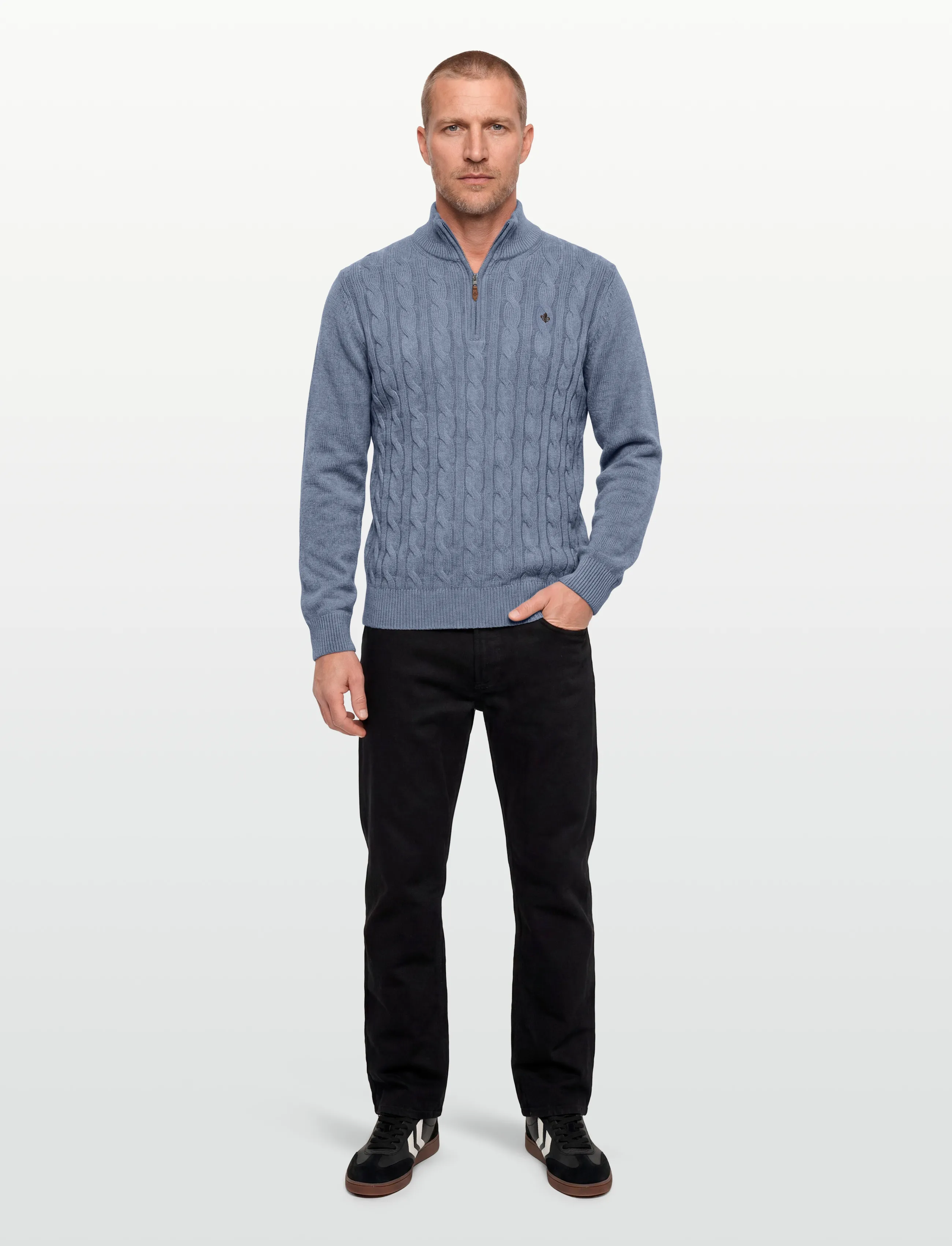 Morris Nathan Cable Half Zip, M, Knitwear, Blau - Zip Jumpers, Männerswear