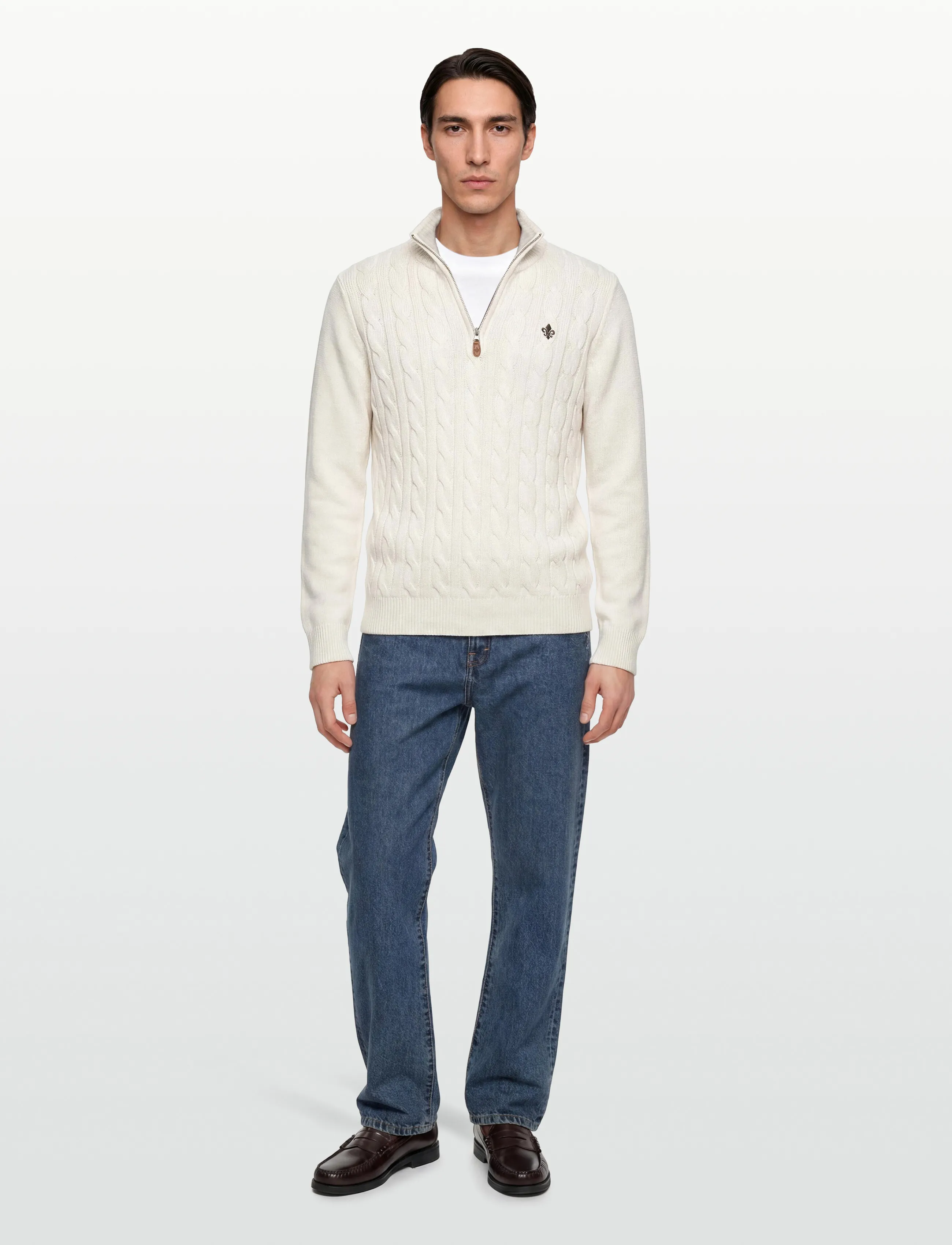Morris Nathan Cable Half Zip, L, Knitwear, Weiß - Zip Jumpers, Männerswear