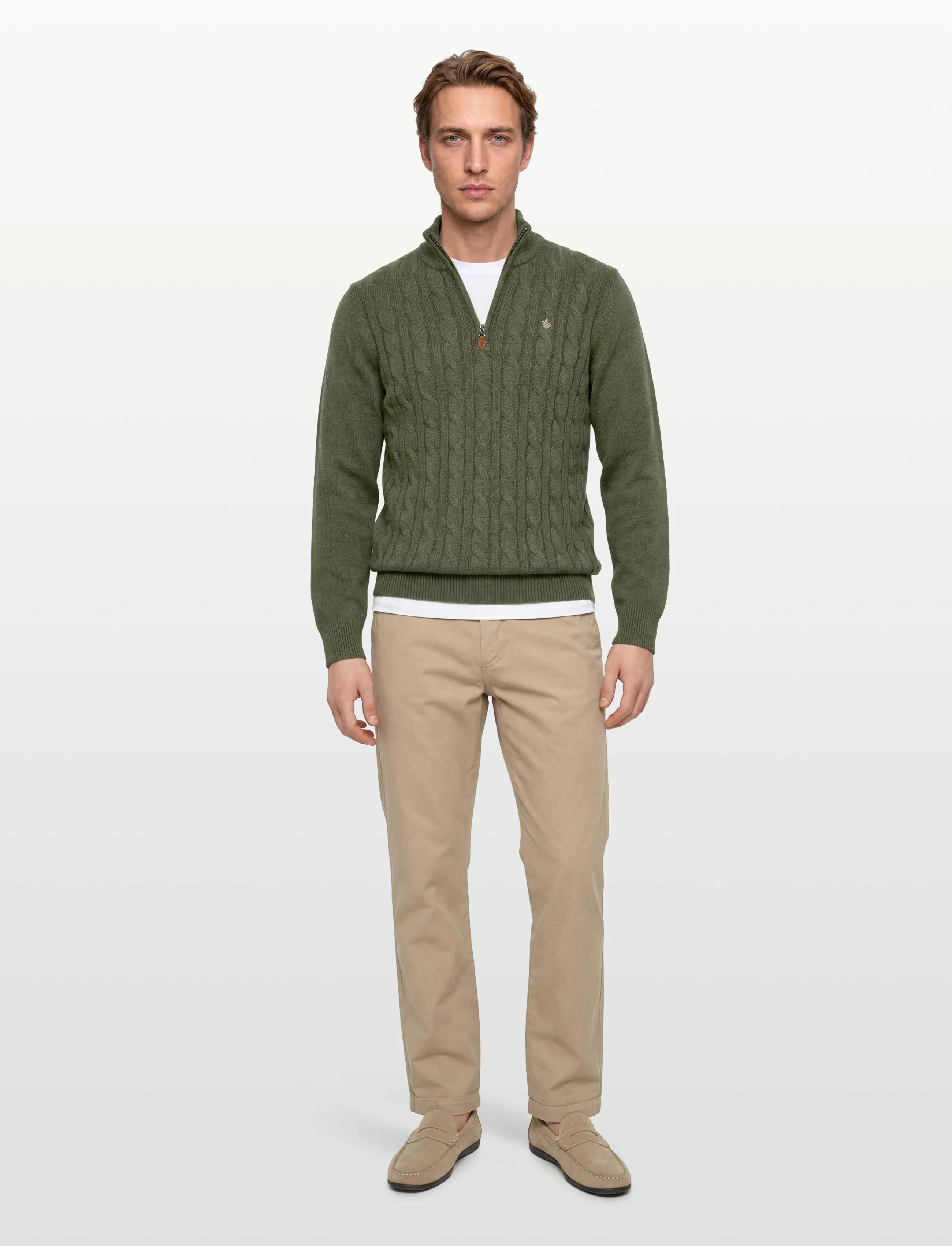 Morris Nathan Cable Half Zip, XS, Knitwear, Khakigrün - Zip Jumpers, Männerswear