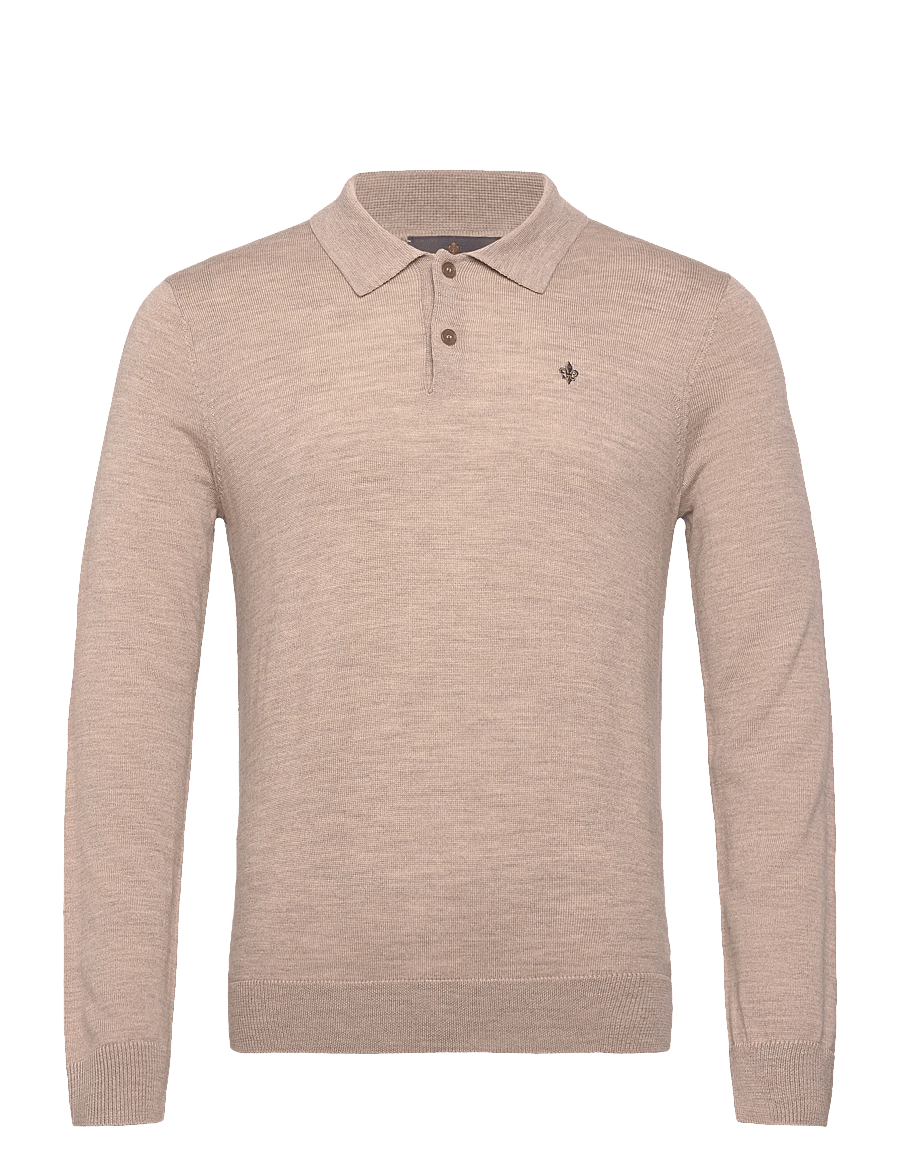 Morris - Merino Polo Knit - långärmade stickade pikétröjor - khaki - 0