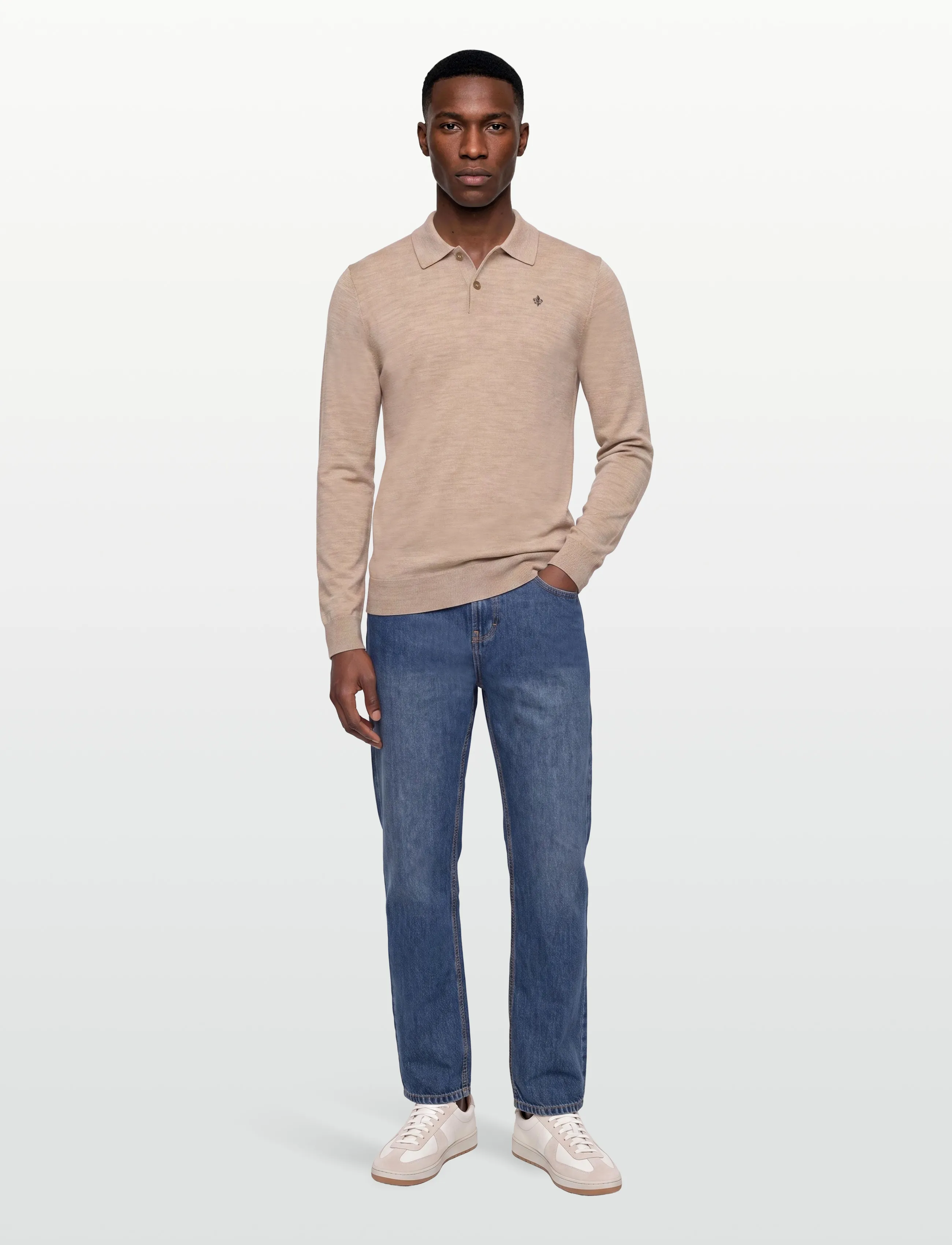 Morris - Merino Polo Knit - langärmelige strick-polohemden - khaki - 0