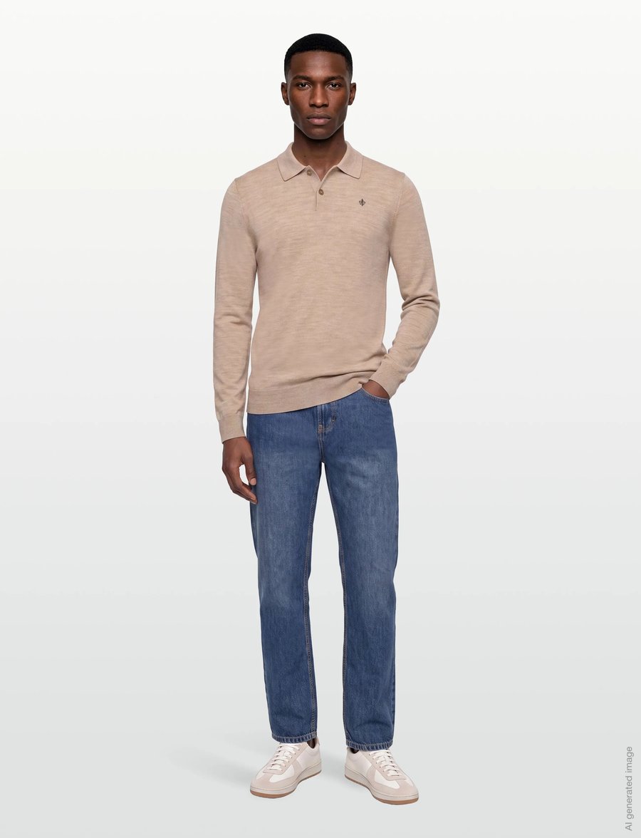 Morris - Merino Polo Knit - langärmelige strick-polohemden - khaki - 0