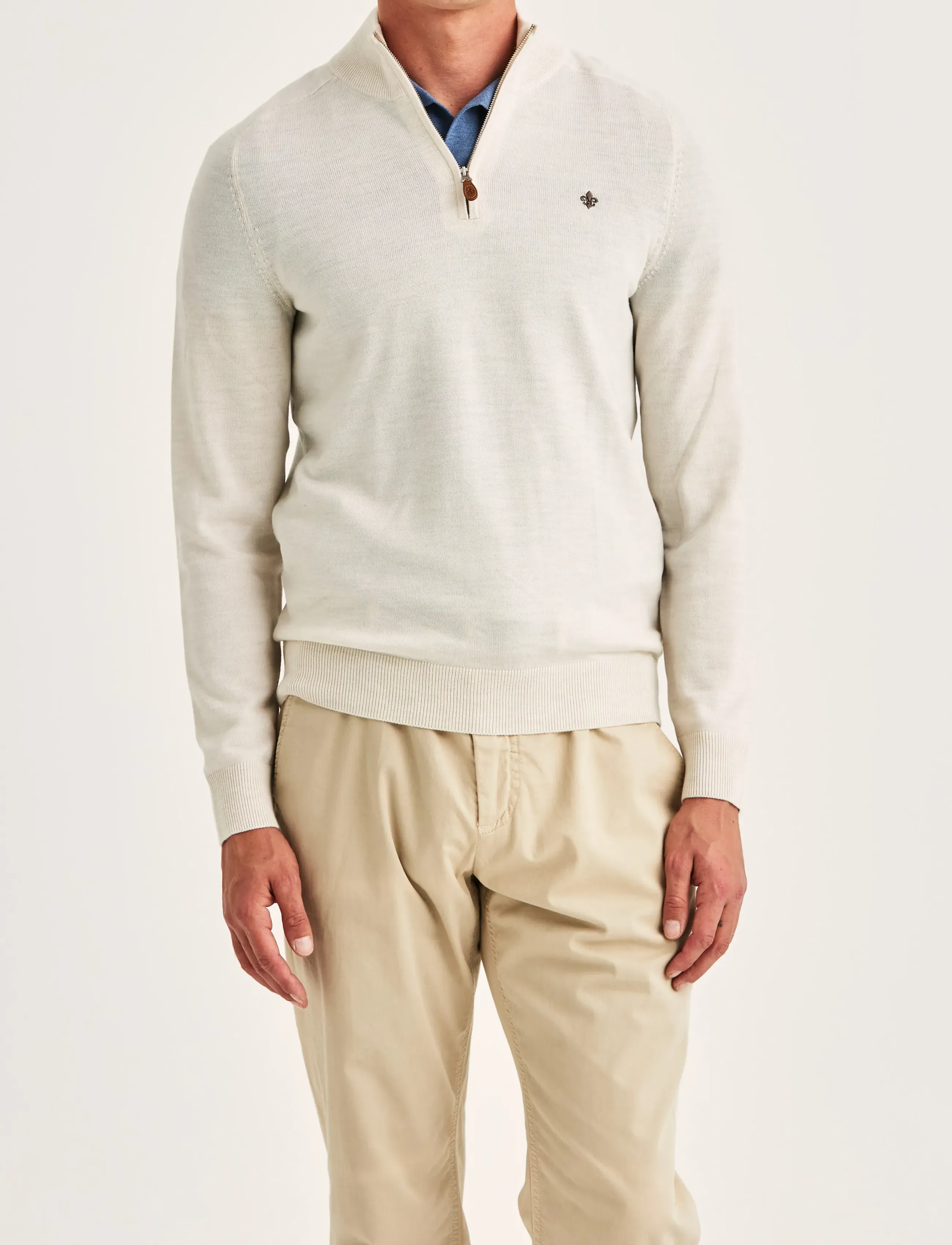 Morris Merino John Zip, Mænd, Halv Lynlås Sweater, Cream, Str: XXL
