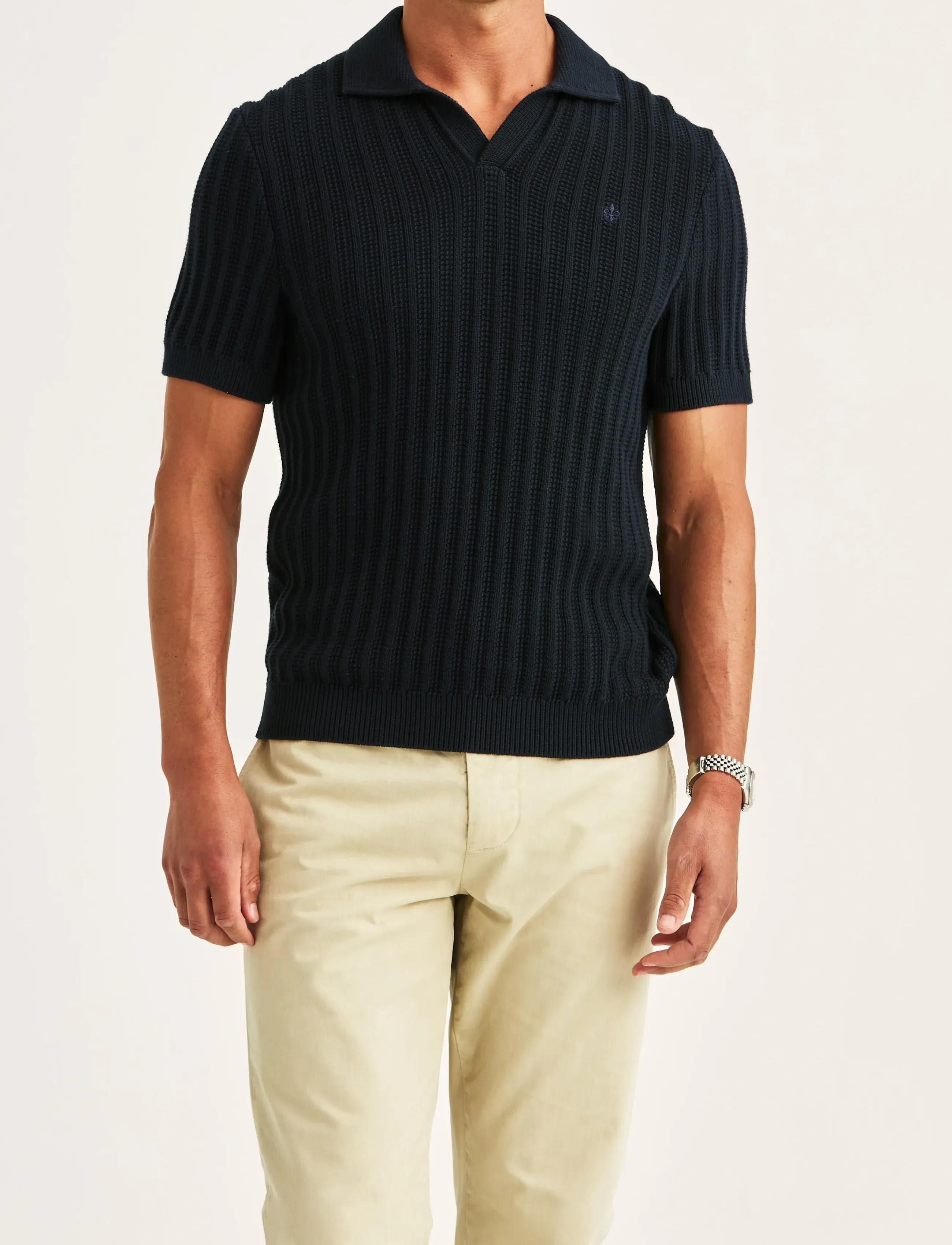 Morris Clayton Knitted Ss Shirt, XL, Navy, Skjorter > Kortærmede Shirts, Herre