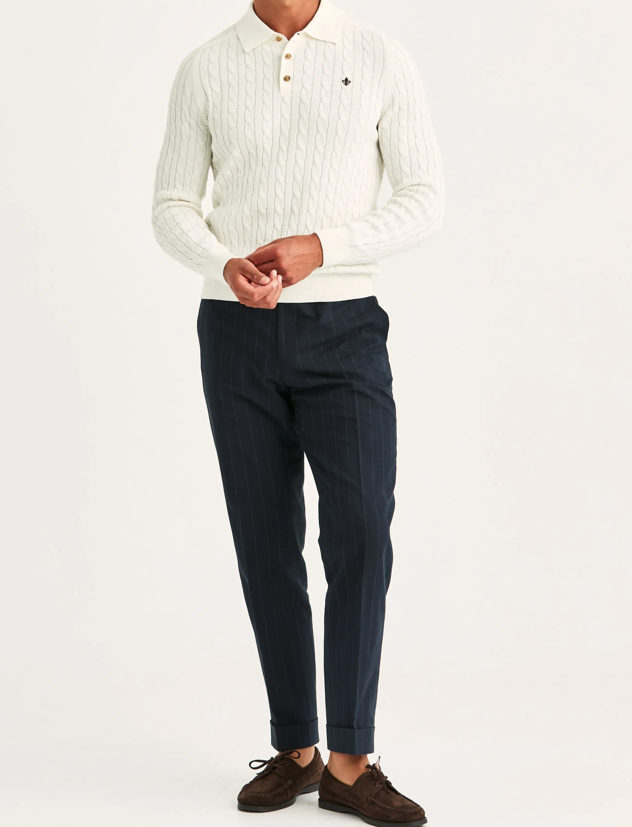 Morris - Lancaster Cable Polo - long-sleeved knitted polos - off white - 3