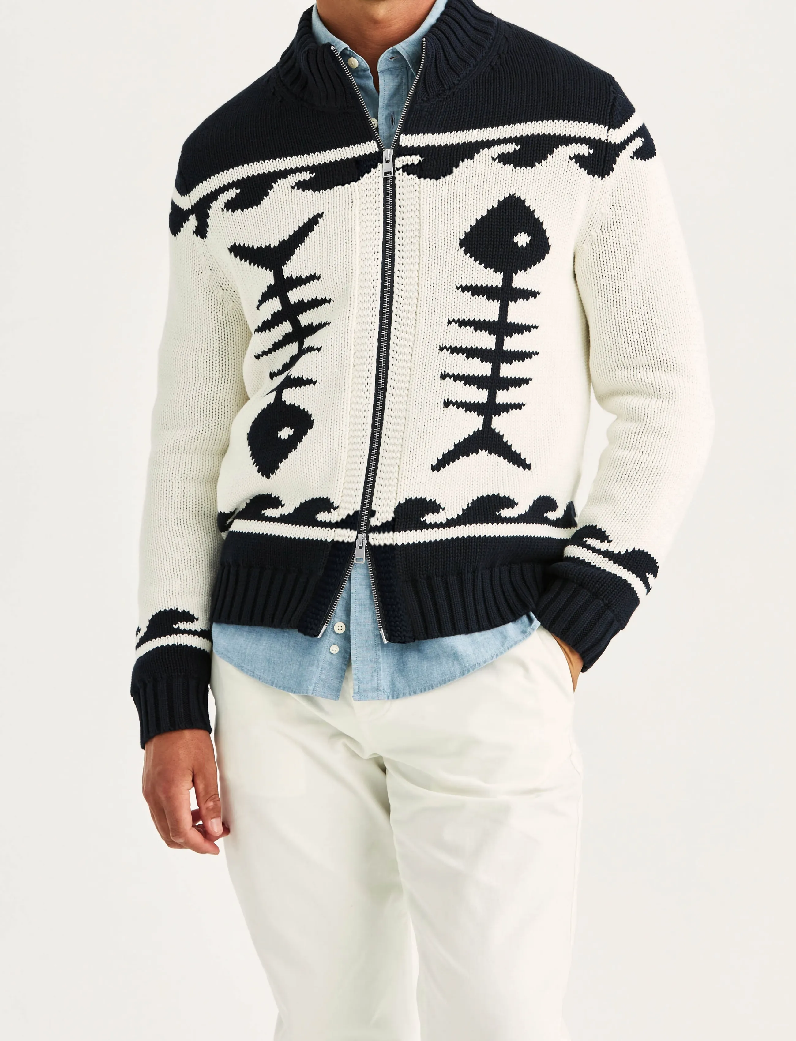 Morris Fishbone Knitted Zip Jacket, Mænd, Fiskeben Strikket Lynlåsjakke, Hvid, Str: S