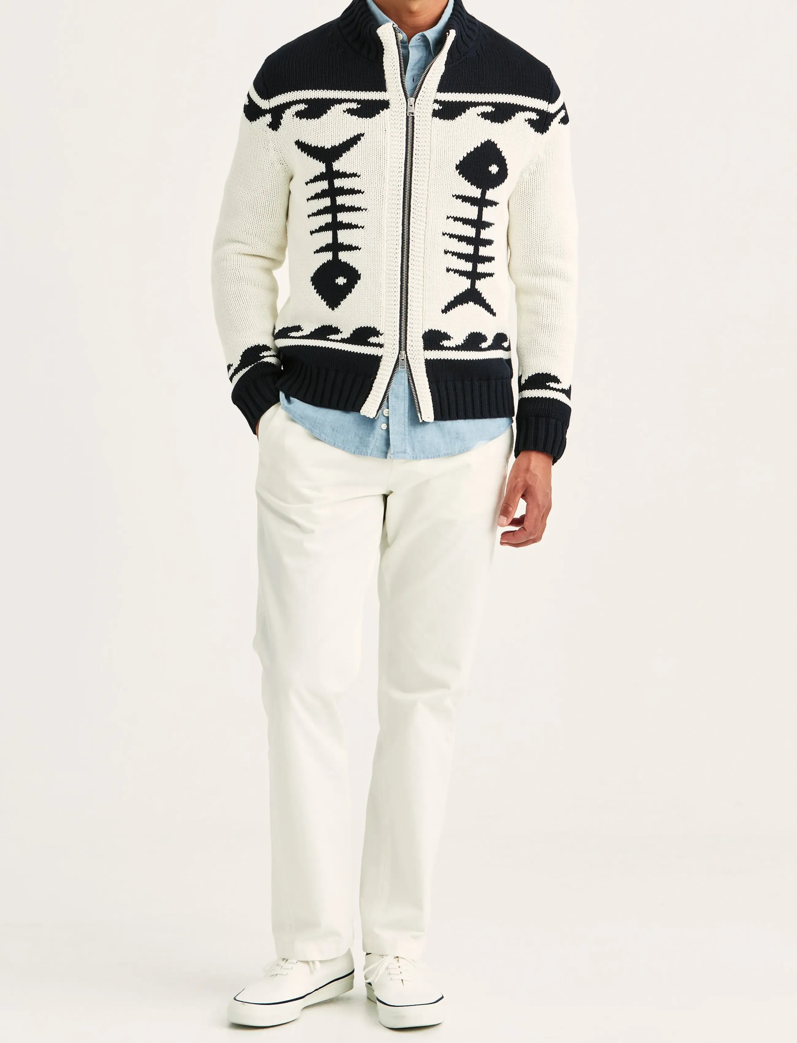 Morris - Fishbone Knitted Zip Jacket - full zip jumpers - off white - 3