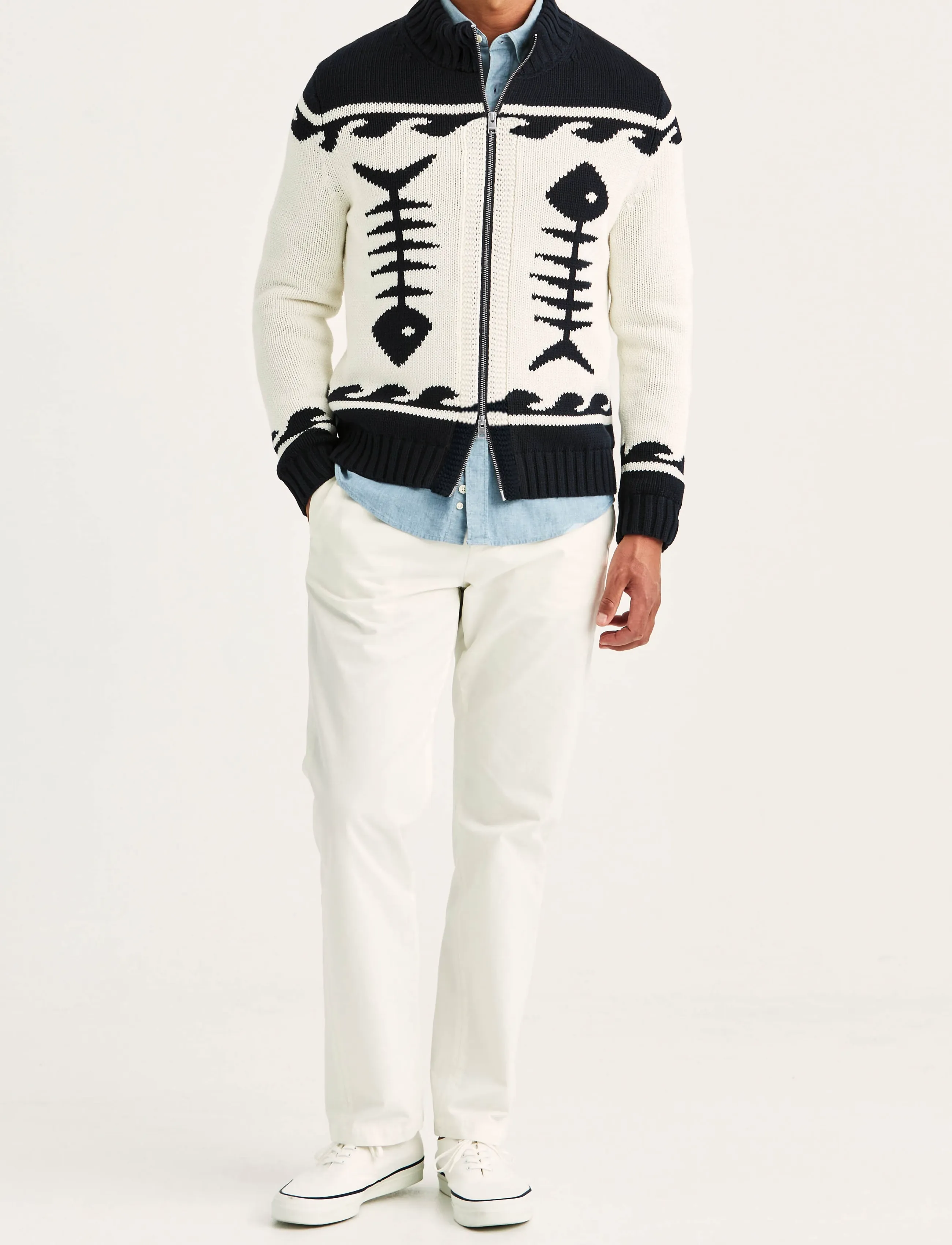 Morris - Fishbone Knitted Zip Jacket - full zip jumpers - off white - 3