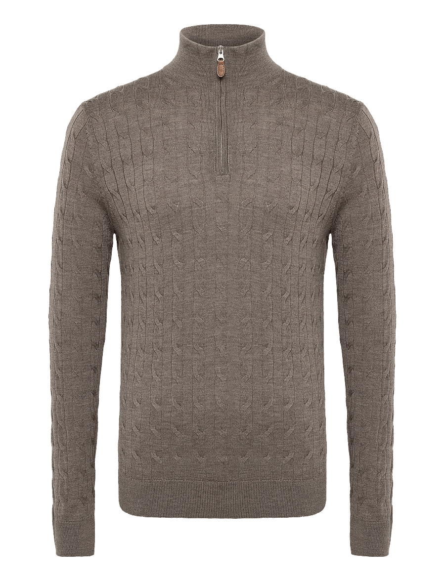 Morris - Merino Cable John Zip - pullover mit halbem reißverschluss - brown - 0