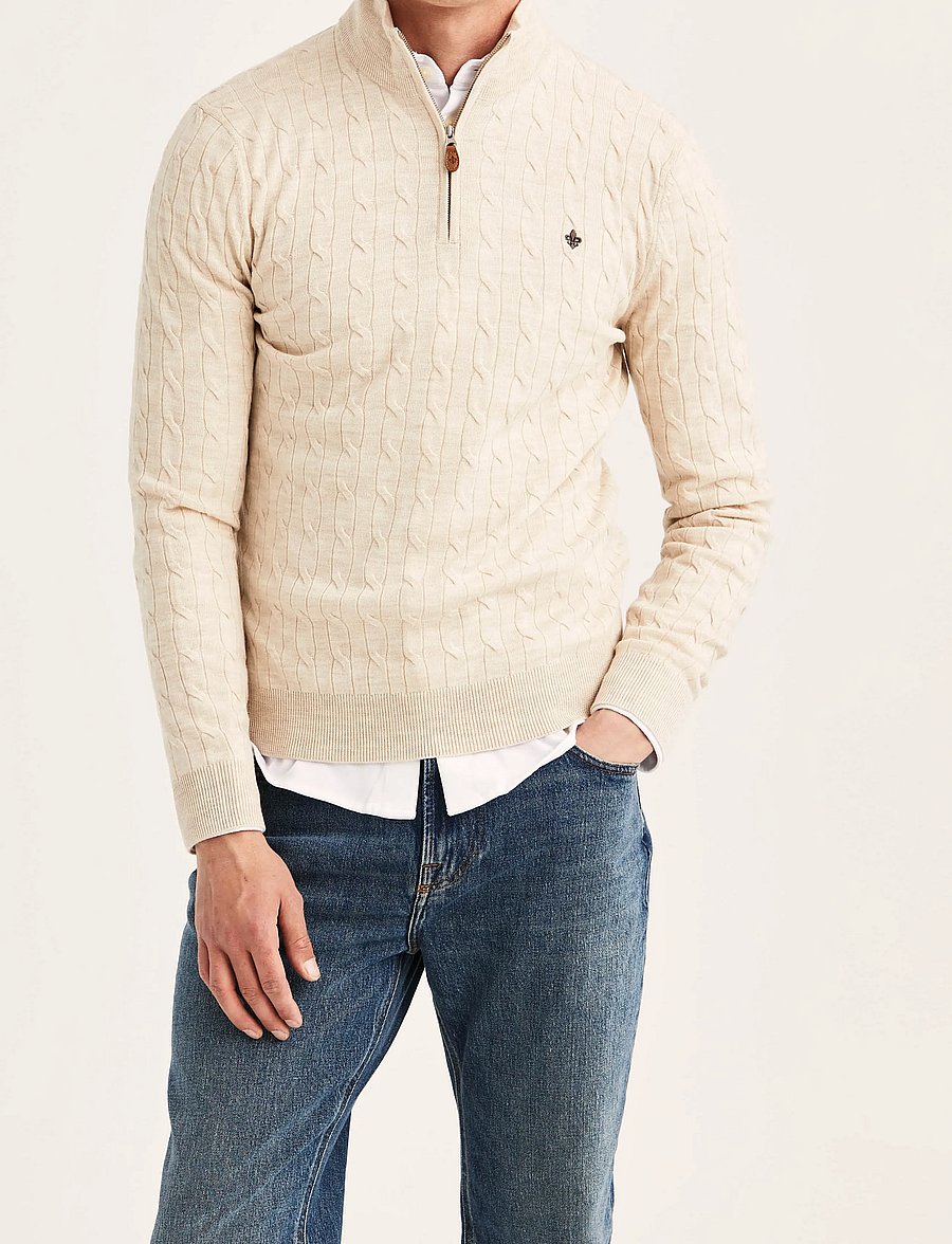 Morris - Merino Cable John Zip - pullover mit halbem reißverschluss - off white - 0