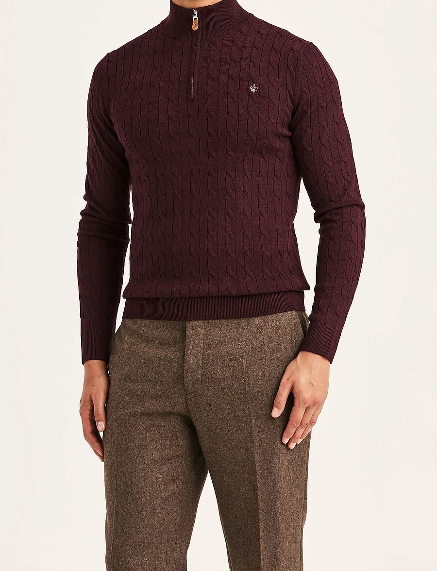 Morris - Merino Cable John Zip - pullover mit halbem reißverschluss - wine red - 0