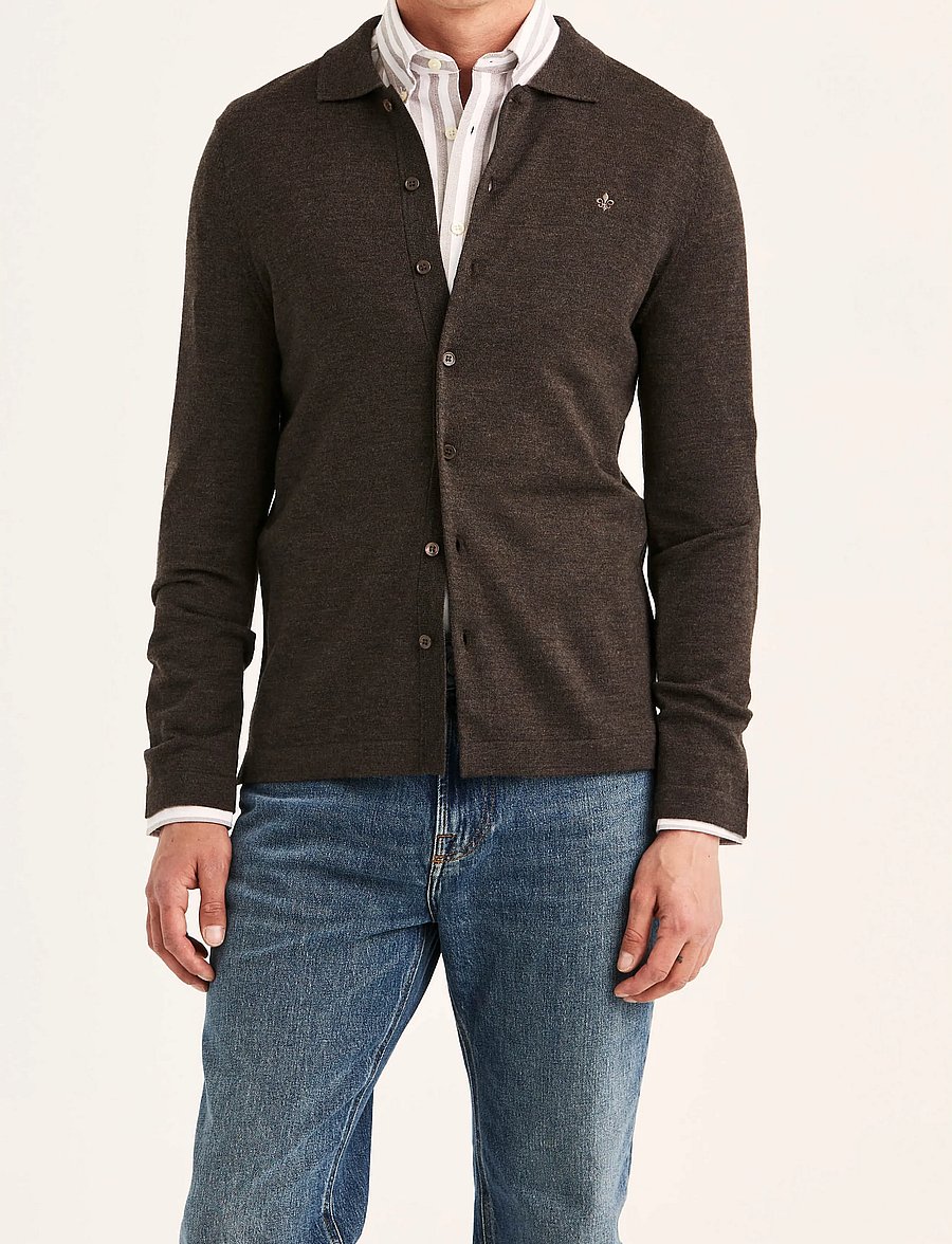 Morris - Merino Shirt Cardigan - koftor - brown - 0