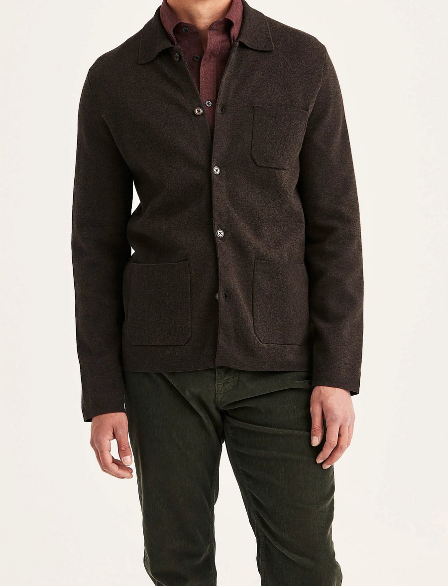 Morris - Dudley Knitted Overshirt - langärmelige strick-polohemden - brown - 0