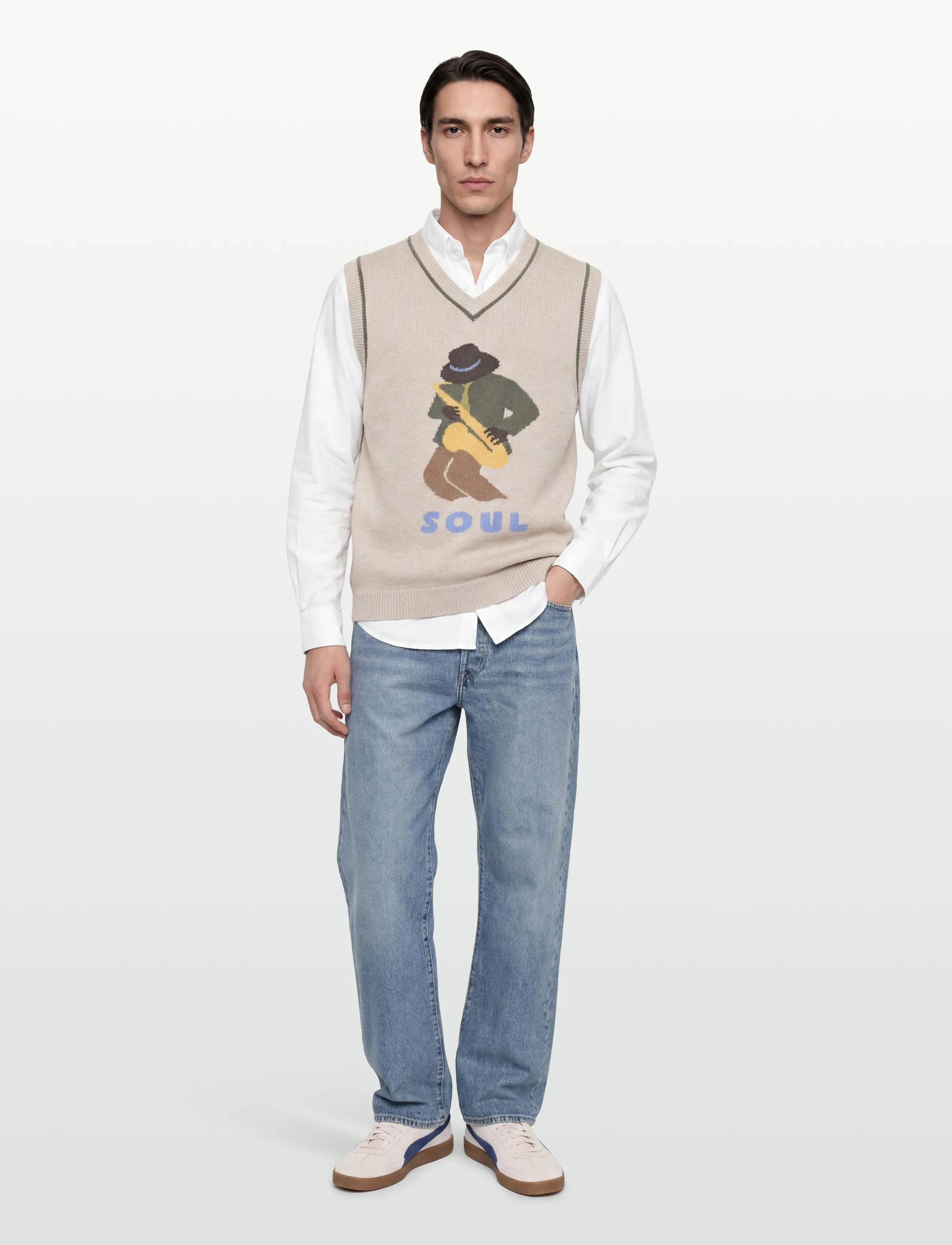 Mos Mosh Gallery Mmgjazz Intarsia Knit Vest, M, Beige, Strik > Strikkede Veste, Herre