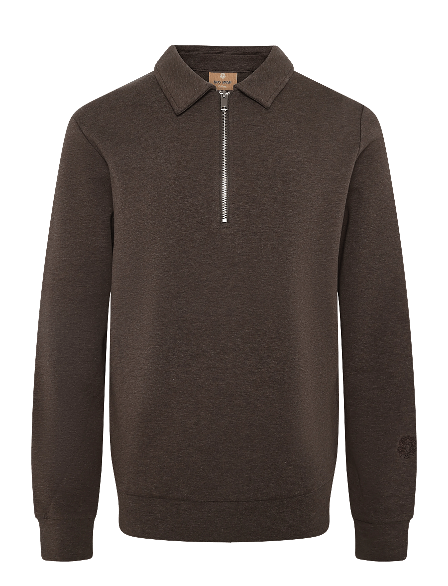 Mos Mosh Gallery - MMGAbel Zip Polo Sweat - langärmelige strick-polohemden - chocolate brown melange - 1