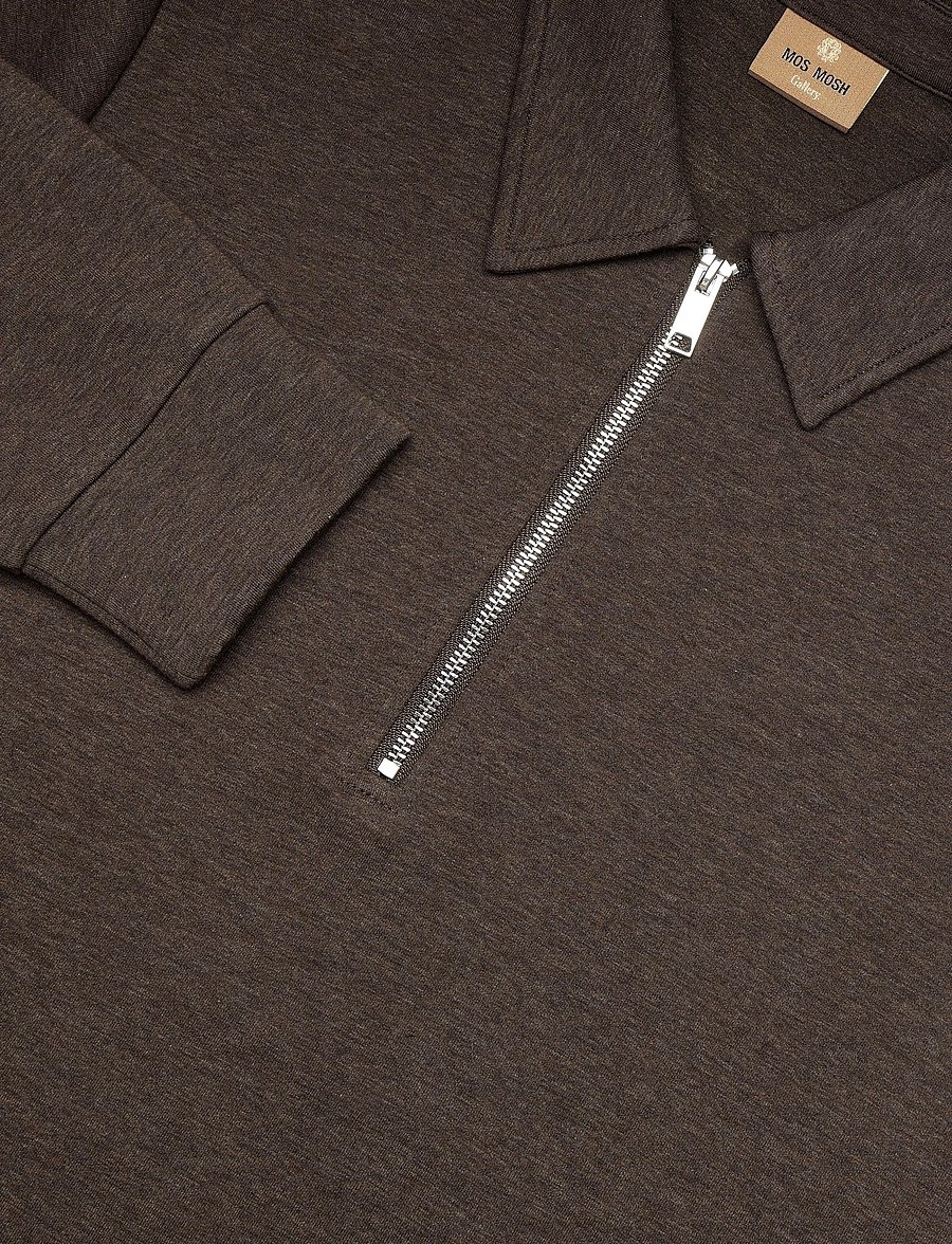 Mos Mosh Gallery - MMGAbel Zip Polo Sweat - langärmelige strick-polohemden - chocolate brown melange - 5