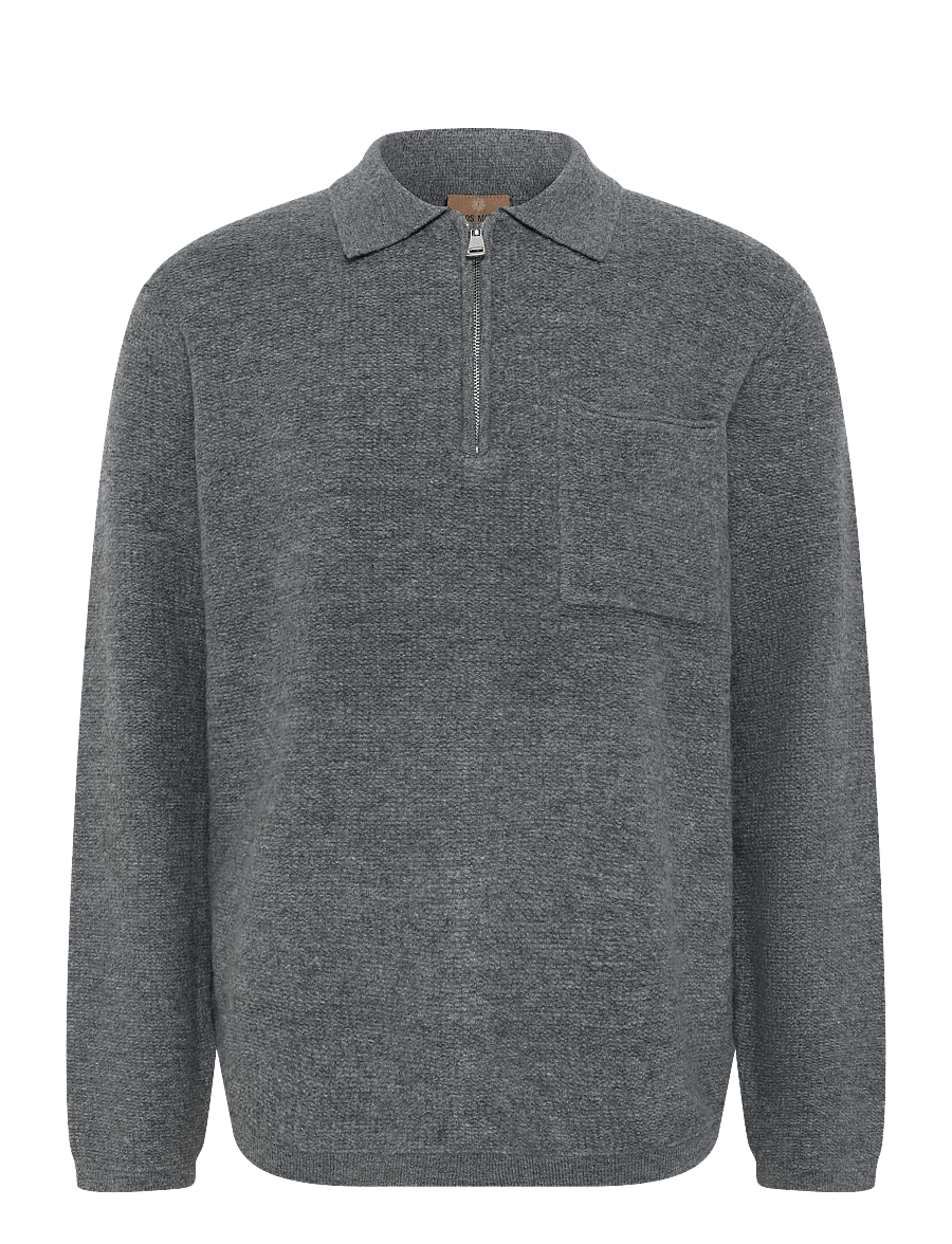 Mos Mosh Gallery - MMGRyan Soft Polo Zip Knit - långärmade stickade pikétröjor - charcoal melange - 0