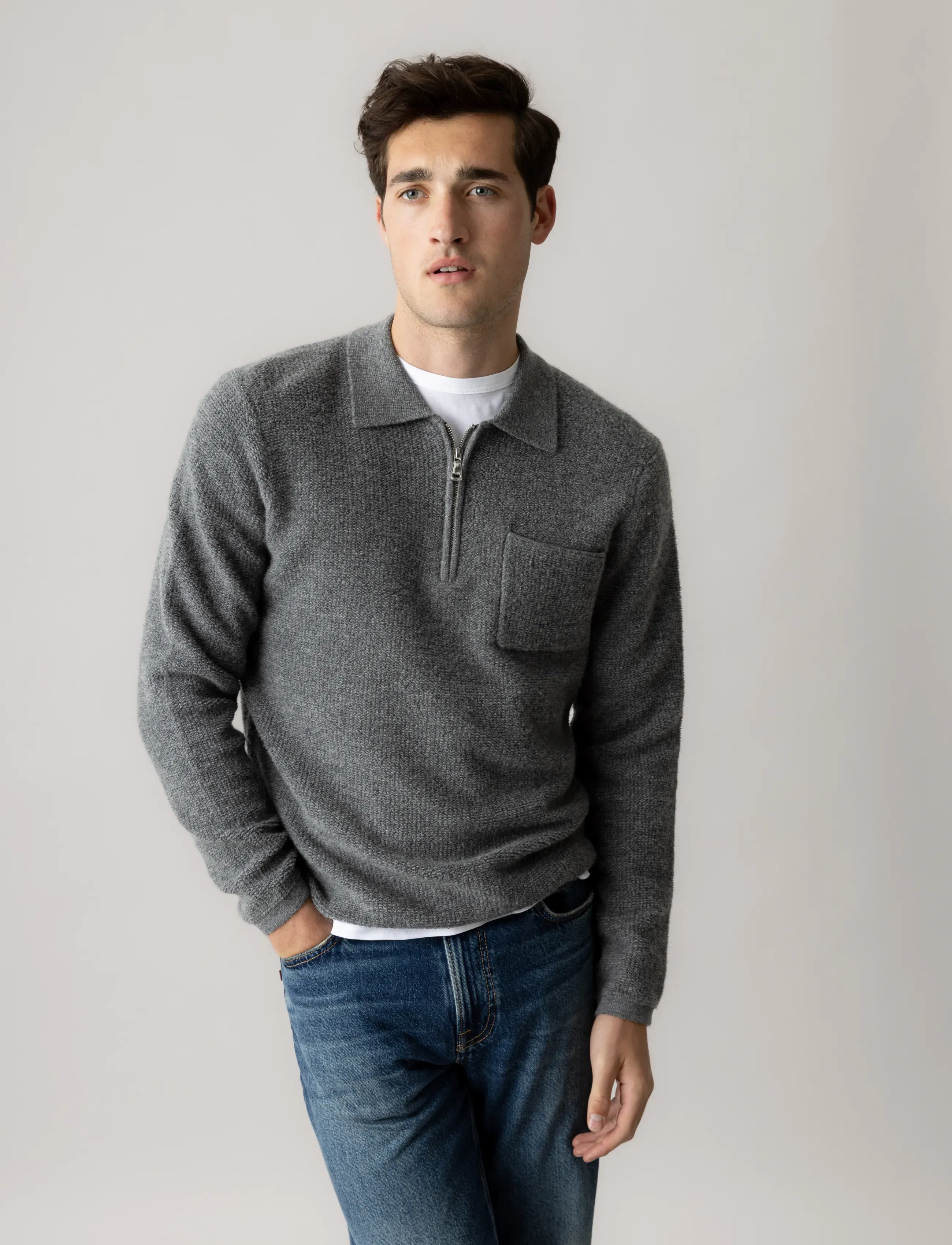 Mos Mosh Gallery MMGRyan Soft Polo Zip Knit - Kupuj według stylu - CHARCOAL MELANGE / grey